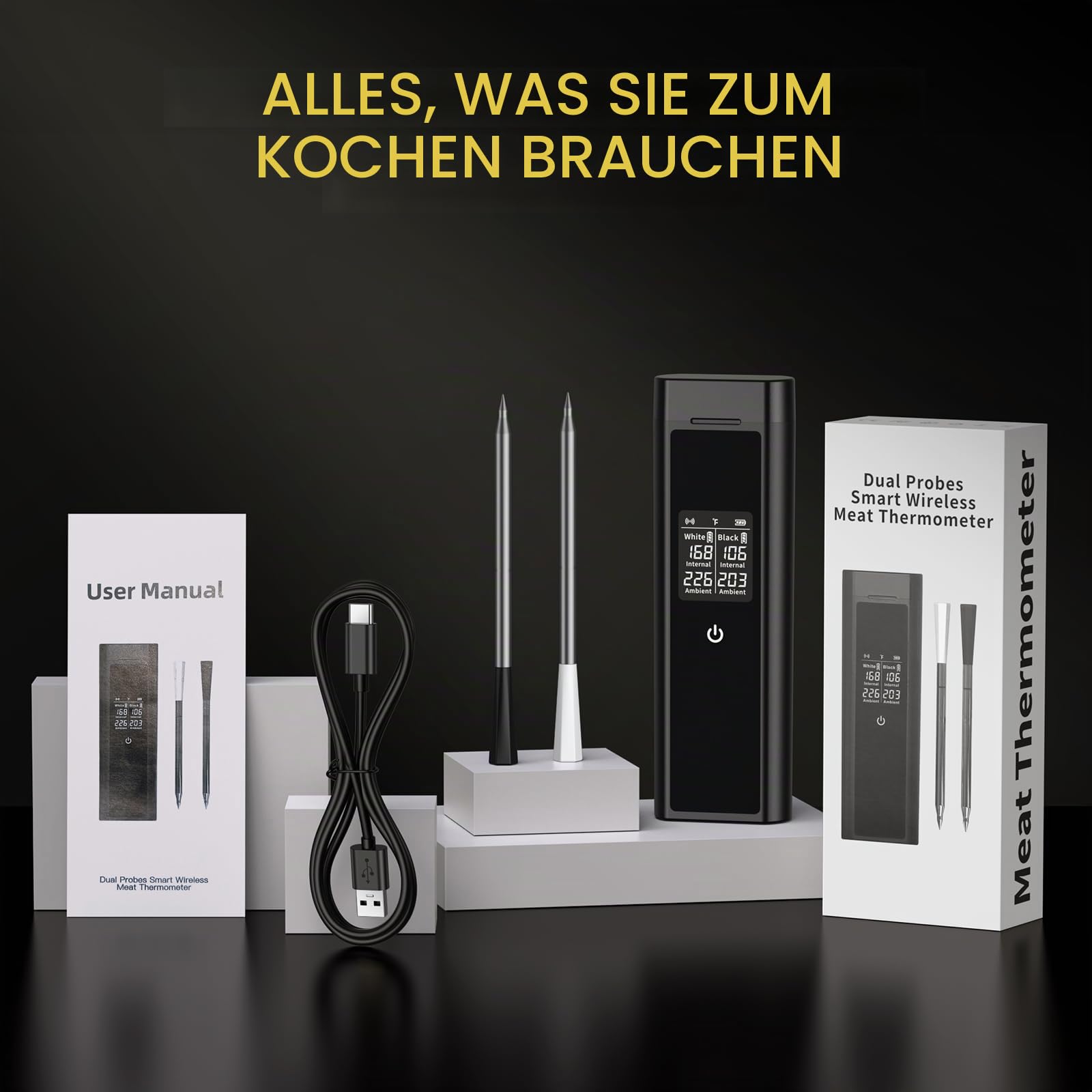 Fleischthermometer Kabellos Doppel Sonde | Bluetooth Grillthermometer, IP67 Wasserdicht, 250m Reichweite, Geschirrspülmaschinenfest, Kerntemperaturmesser für Backofen, Grill, Smoker, BBQ & Air Fryer