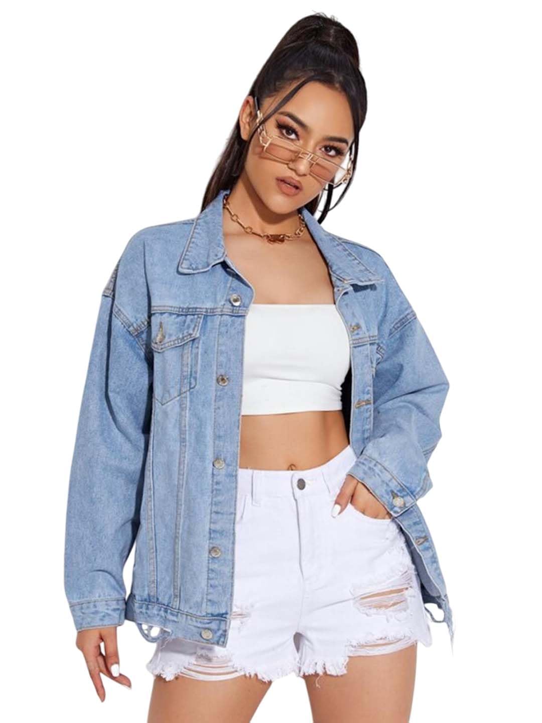 kotty Women's Solid Light Steel Blue Long Sleeve Denim Jacket-picture-23