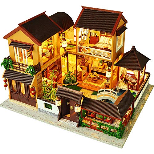 DIY Chinesische Villa Puppenhaus Miniatur-Kit Mit Musik Und Staubdicht Lotusteich Mondlicht Puppenhaus Led-Leuchten…