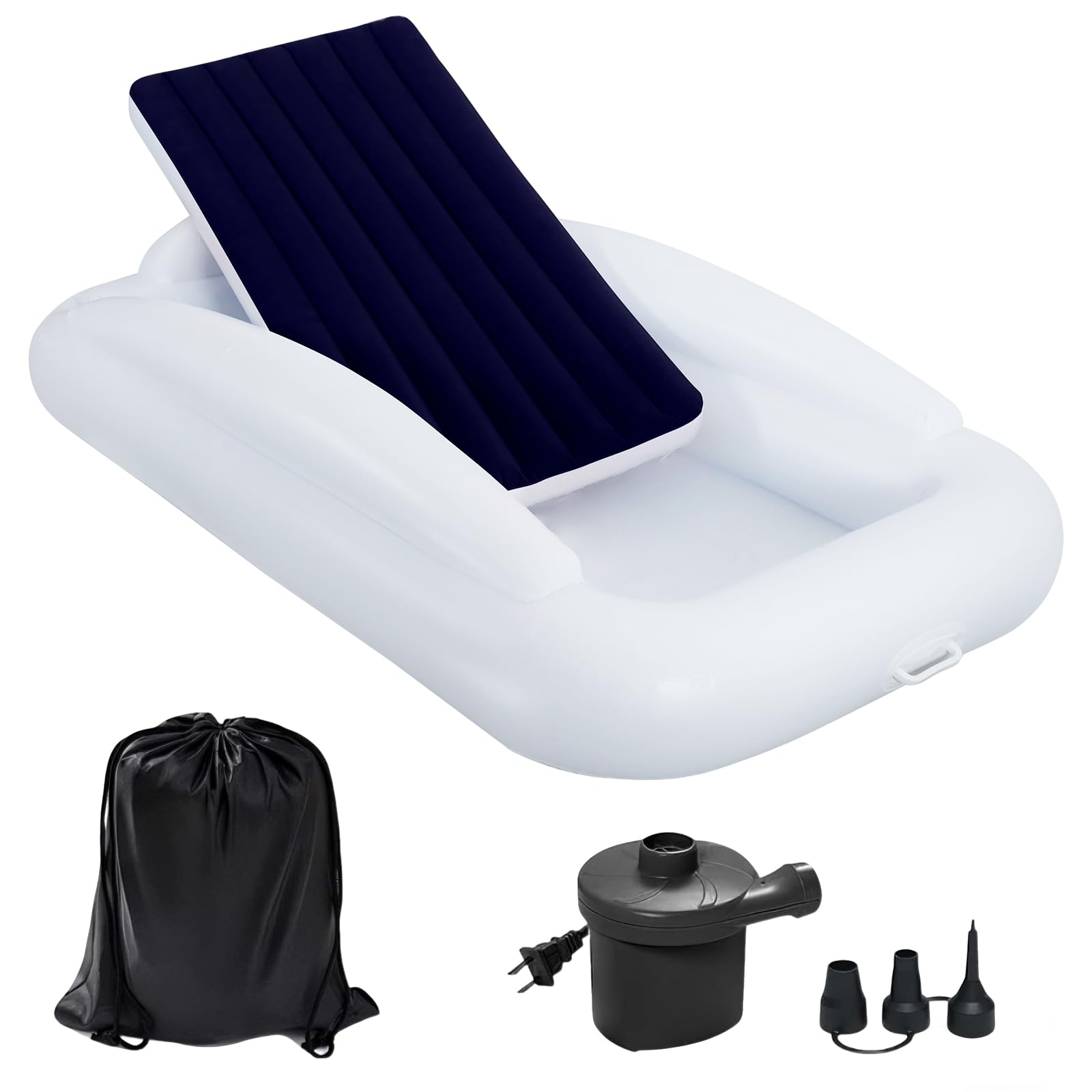 Bloomoja Inflatable Toddler Travel Bed with Safety Bumpers, 63 Inches Portable Kids Air Mattress with High-Speed Pump, Inflatable Toddler Bed for Travel Camping and Grandmas House, Navy Blue