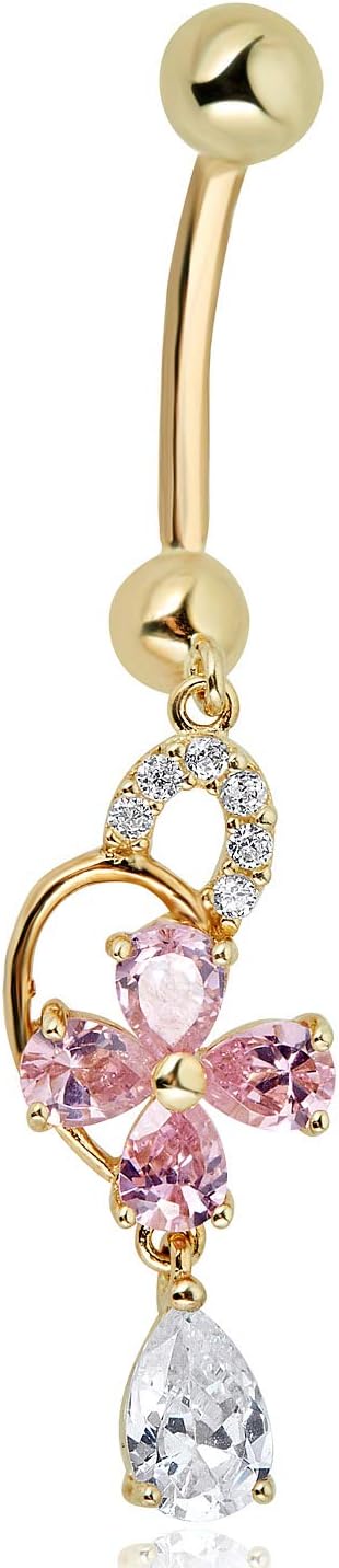 AVORA 10K Gold Simulated Diamond CZ Dangling Pink Flower Belly Button Ring Body Jewelry (14 Gauge)