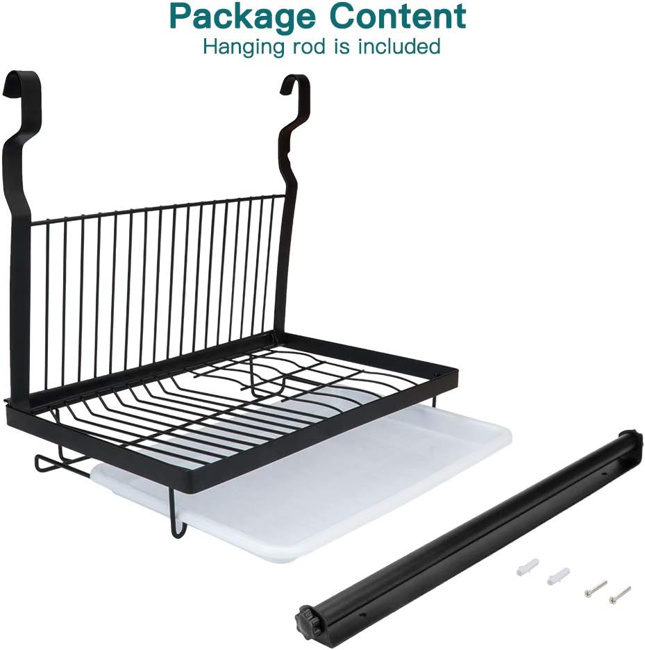 Wall-Mounted Dish Rack with Hanging Rod, Foldable Dish Drying Rack with Drainboard, Stainless Steel Dish Drainer, Black