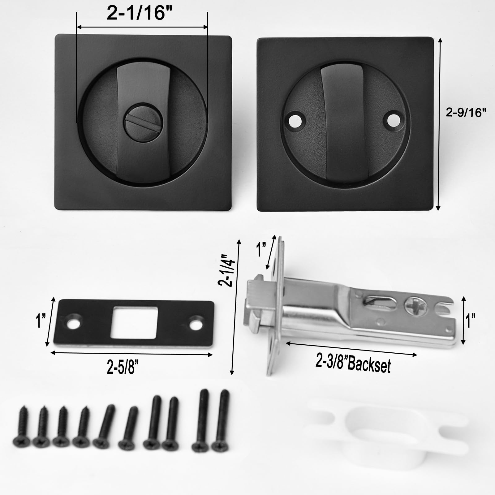Dontay Pocket Door Lock & Pull – Privacy Latch, Matte Black, 2-3/8" Backset, For 1 3/8" To 2 3/16" Door Thickness