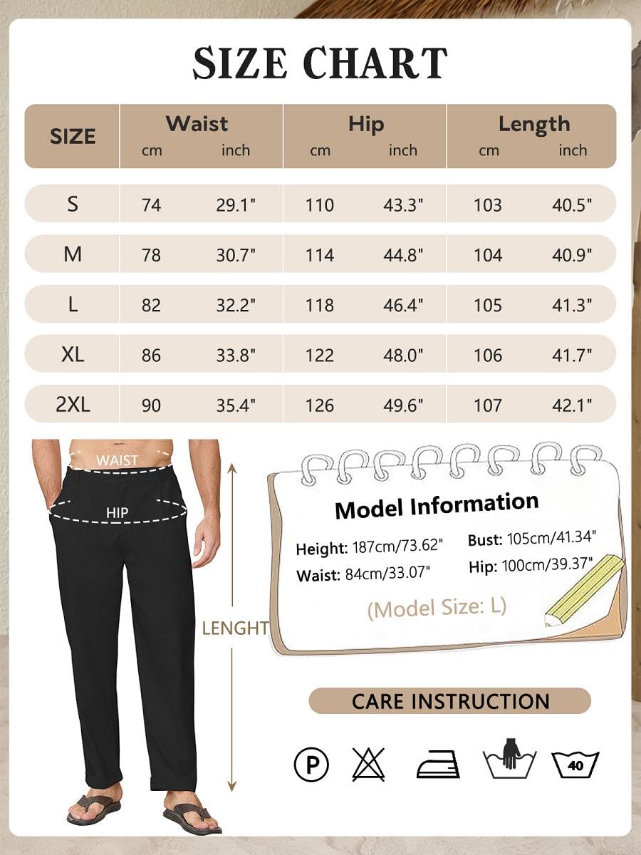 Yutdeng Pantalones Lino Hombre Verano Pantalon Largo Pantalón Lino Algodón Ligeros con Bolsillos Cintura Elástica Pantalon Vestir Casual Anchos Pantalones de Verano Hombre Regular Fit