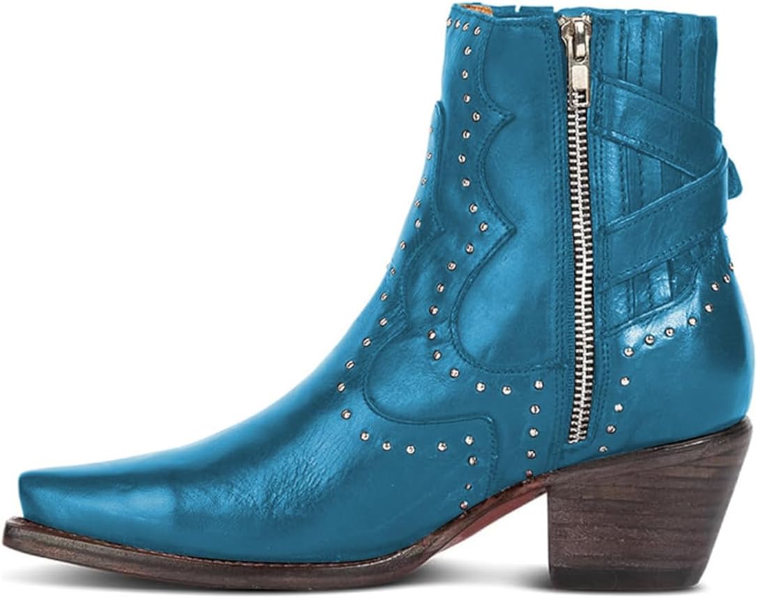 FOWT Women Pointed Toe Chelsea Boots Stacked Block Low Heel Ankle Booties Rivet Studs Side Zipper Casual Shoes Size 4-16 US