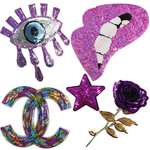 Sexy Sequin Patches Lips Flower Letter Eyes Five Star Embroidery Patch Cloth Appliques Stickers Clothing Accessories T-Shirt Decoration for Woman (Style 6)