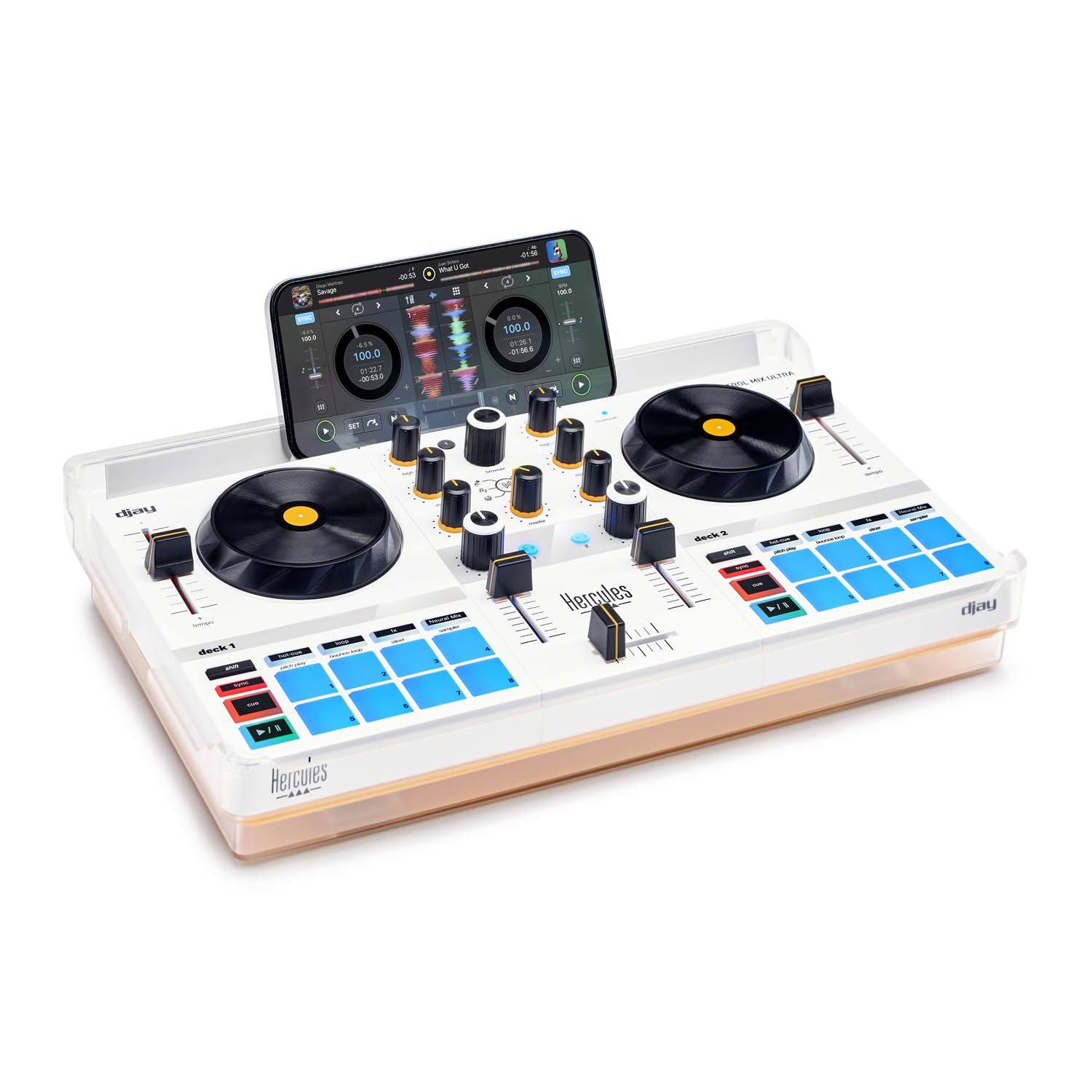 Hercules DJControl Mix Ultra mobiler DJ-Controller mit keepdrum Laptopständer