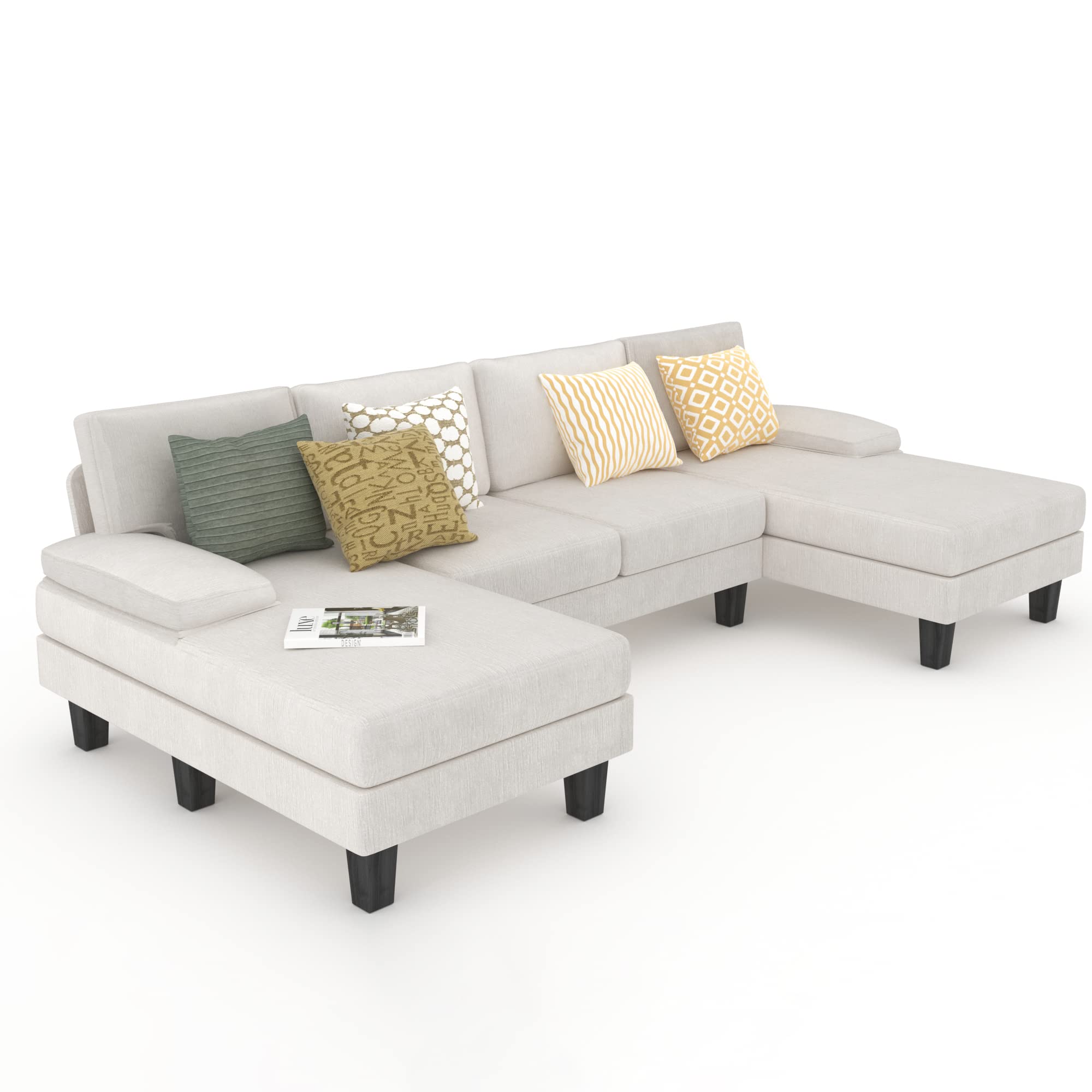 YESHOMY Convertible Sectional U-Shaped Couch with Soft Modern Cotton Chenille Fabric for Living Room, 6 Seats Oversized Sofas with Comfortable Backrest, Cream White