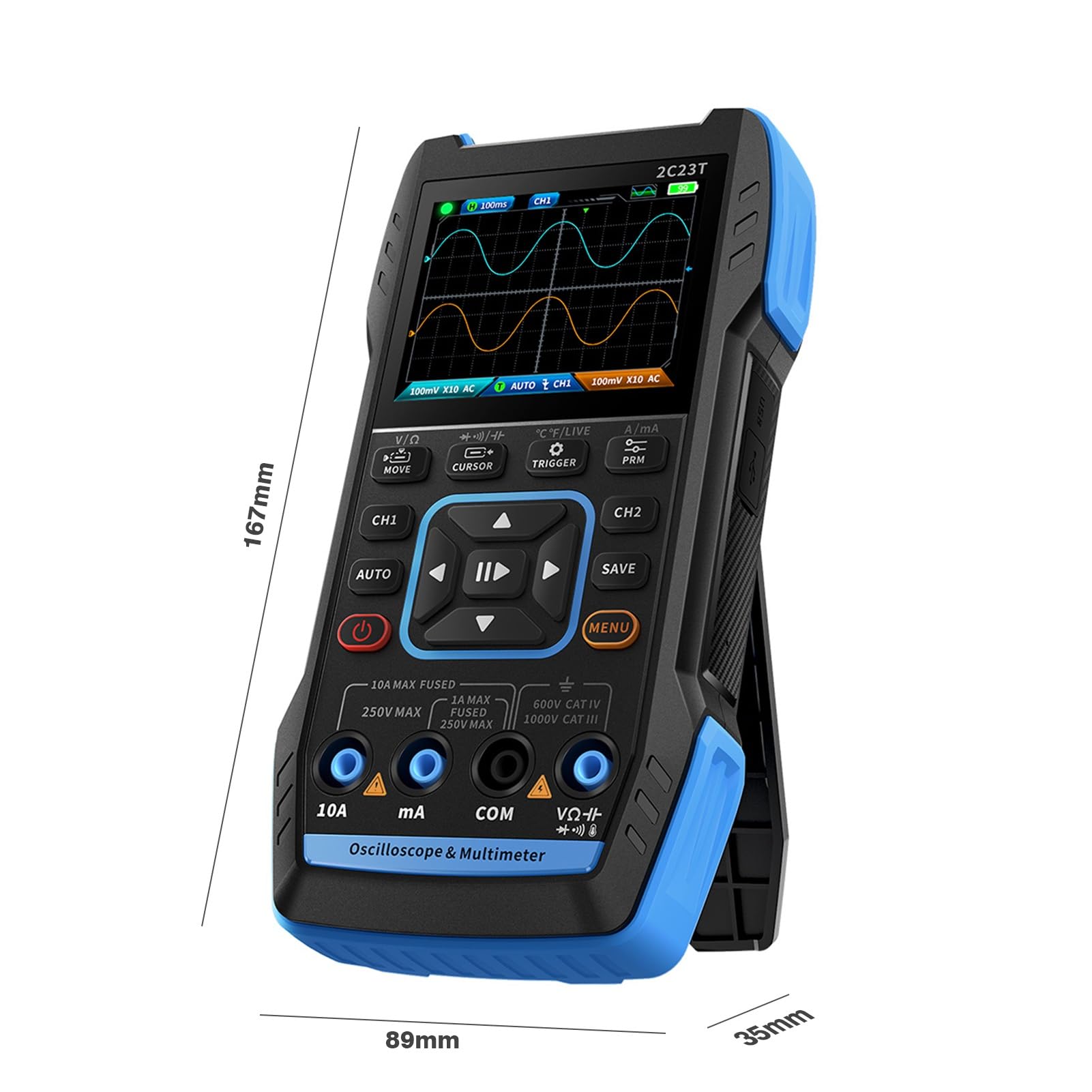 2C23T Oscilloscopio, 3 in 1 Oscilloscopio Digitale/Multimetro/Generatore di Segnale DDS, 2 Canali, 10MHz, Frequenza di campionamento 50 MSPS, 9999 Conteggi