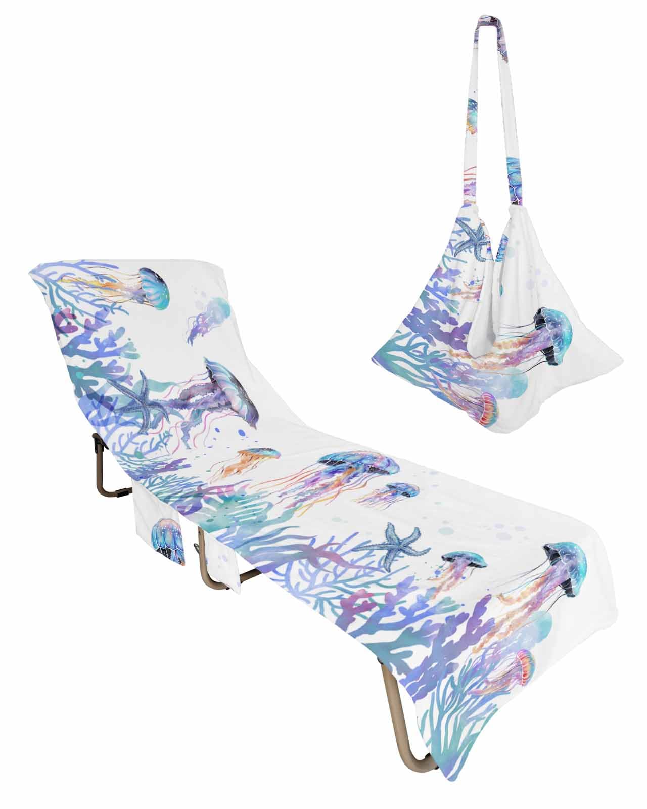 Blue Jellyfish Beach Lounge Chair Towel Cover, Soft Chaise Lounge Towel with Side Pockets Patio Pool Chairs Cover for Beach/Pool Sunbathing 29x85 Coastal Starfish Coral Ocean Seaweed