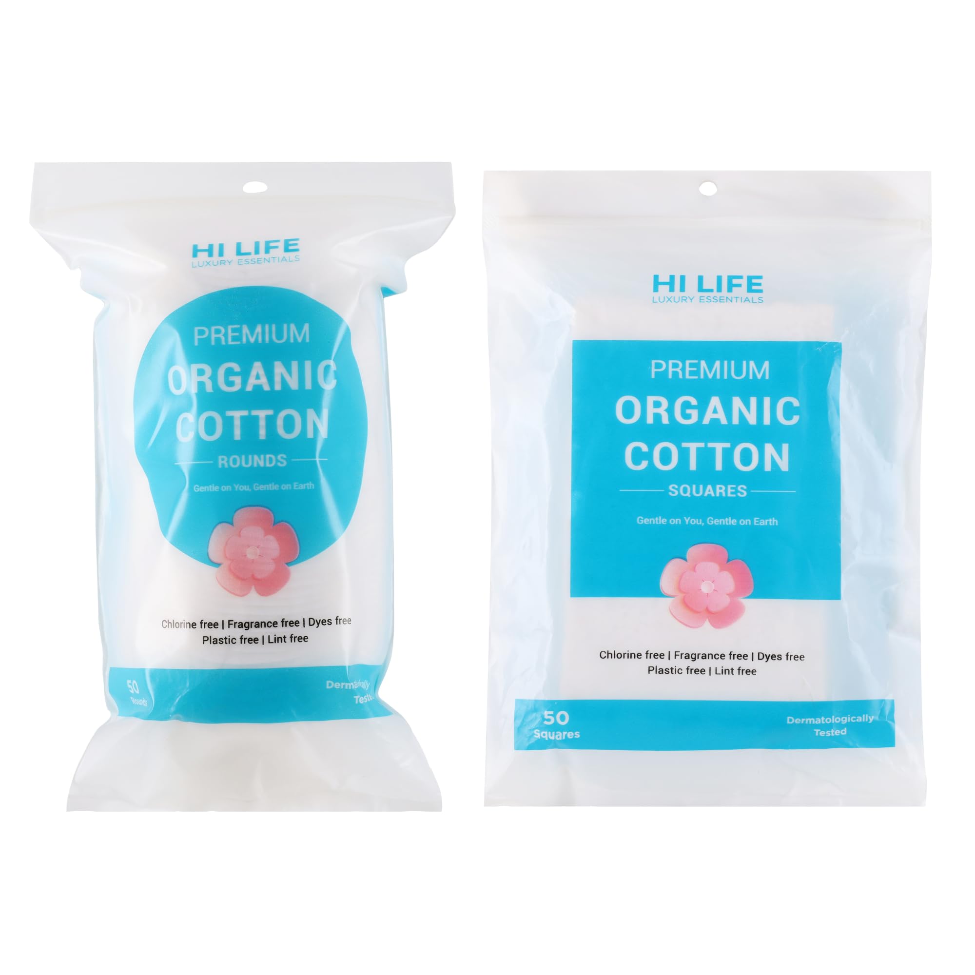 hi life organic cotton makeup remover pads – pack of 2 (1 round + 1 square, total 100 pads) | soft disposable face wipes for makeup removal & skin cleansing