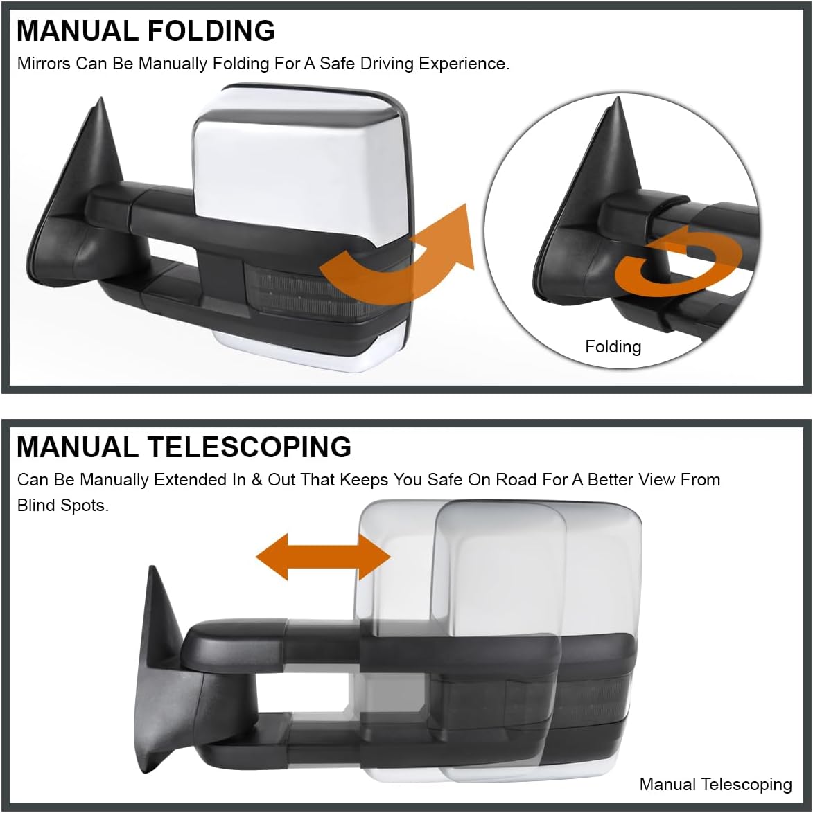 SPEC-D TUNING Smoke LED Signal Power Heated Manual Fold Towing Mirrors Chrome Compatible with 1988-1998 GMC C/K 1500 2500 3500, 1992-1999 Yukon Suburban Left + Right Pair