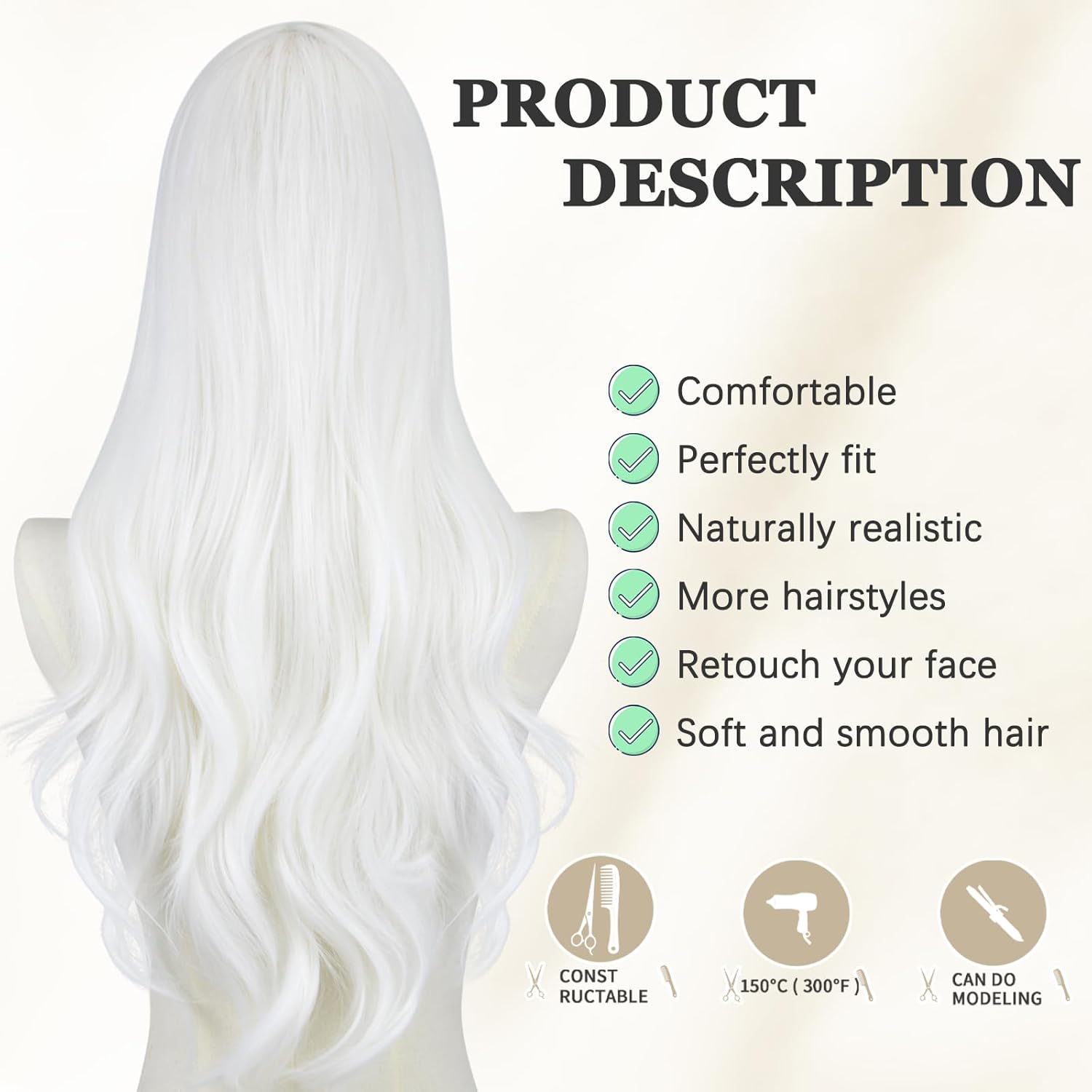FREE BEAUTY Long White Wavy Wig for Women Middle Part Curly Wavy Wig Natural Looking Synthetic Heat Resistant Fiber Wig for Daily Party Use 26 Inch