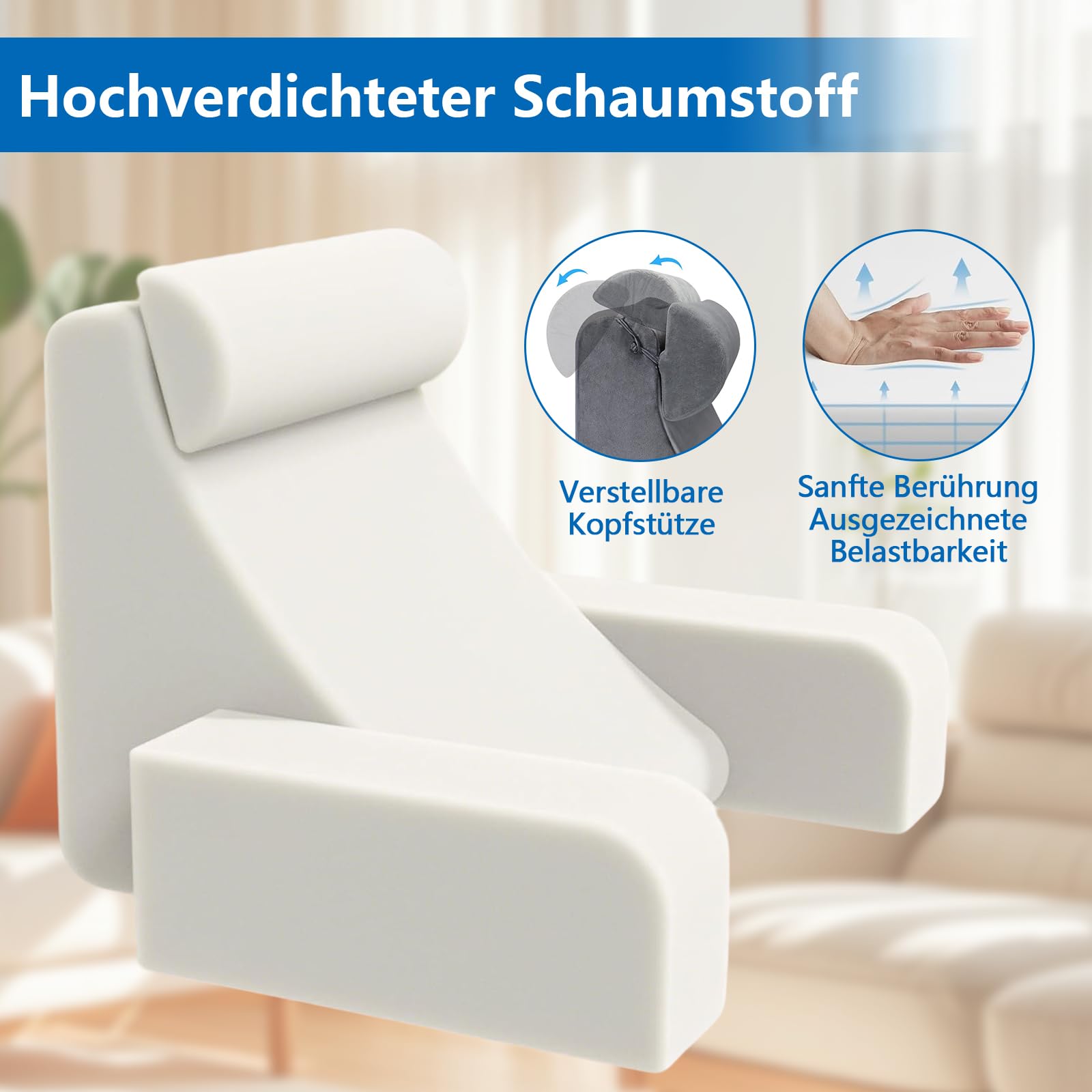 Rückenkissen, Lesekissen für Bett und Sofa mit abnehmbaren Armlehnen und Kopfkiseen, Rückenlehne für Erwachsene, Keilkissen mit Waschbarem Bezug, Rückenstützkissen zum Lesen/Spielen/Fernsehen