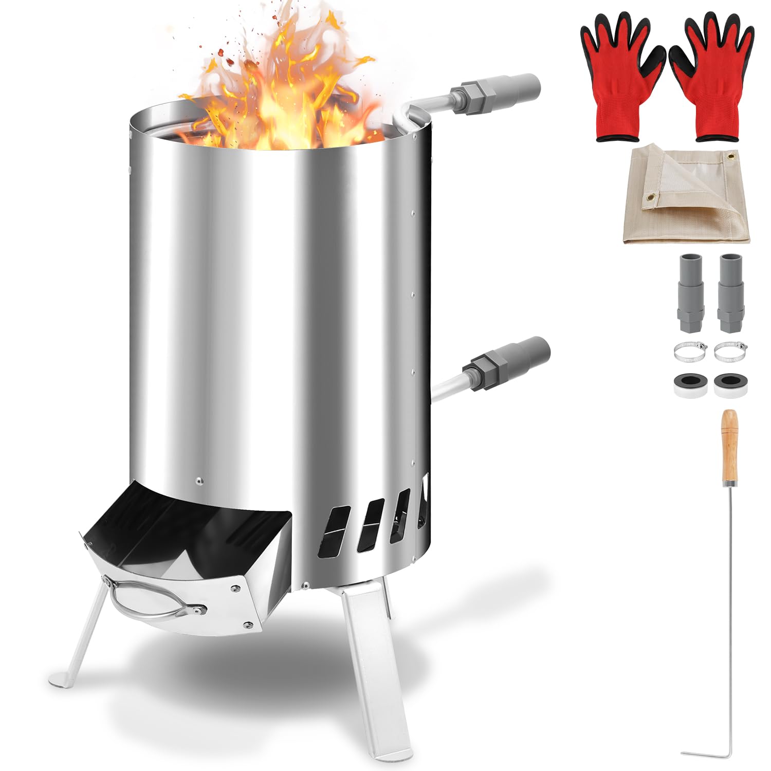 Poolheizung mit Feuer und Heizspirale, Poolheizung Feuertonne, 100% rostfreier Edelstahl Schwimmbadheizung Ø 32-38 mm Anschluss, Poolofen Feuertonne mit Feuerfestmatten und Tablett