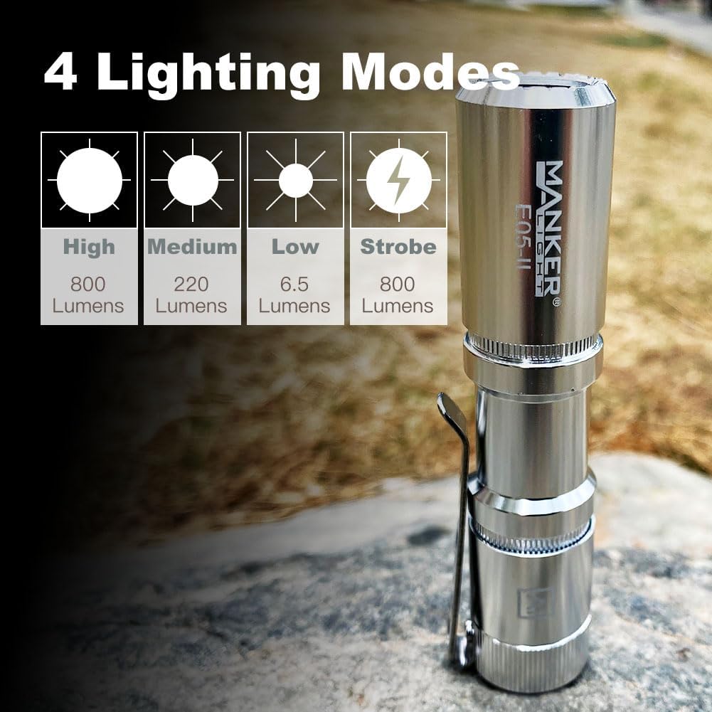 Mankerlight Manker E05 II(Al-Silvery, High CRI Version, 4000K) Compact Flashlight,519A LED 800 Lumens, 120m Flood Beam Distance, IP68 Waterproof,No Battery