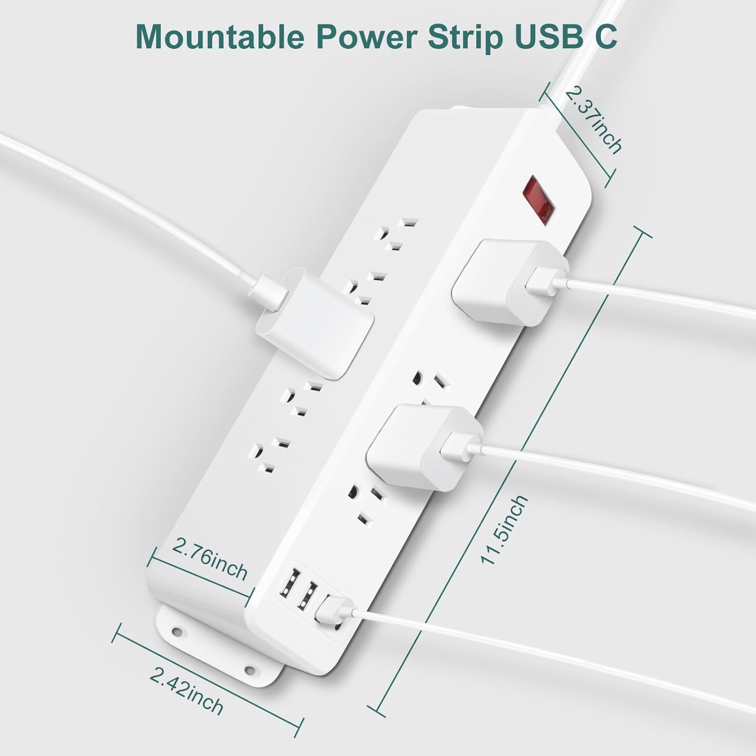 9 Outlets Wall Mount Power Strip with USB C HdcTek Double Side Outlet Extender Fast Charge USB-A Ports & 1 PD USB-C Port Flat Plug Mountable Desk Charging Station for Office Home Dorm (White)