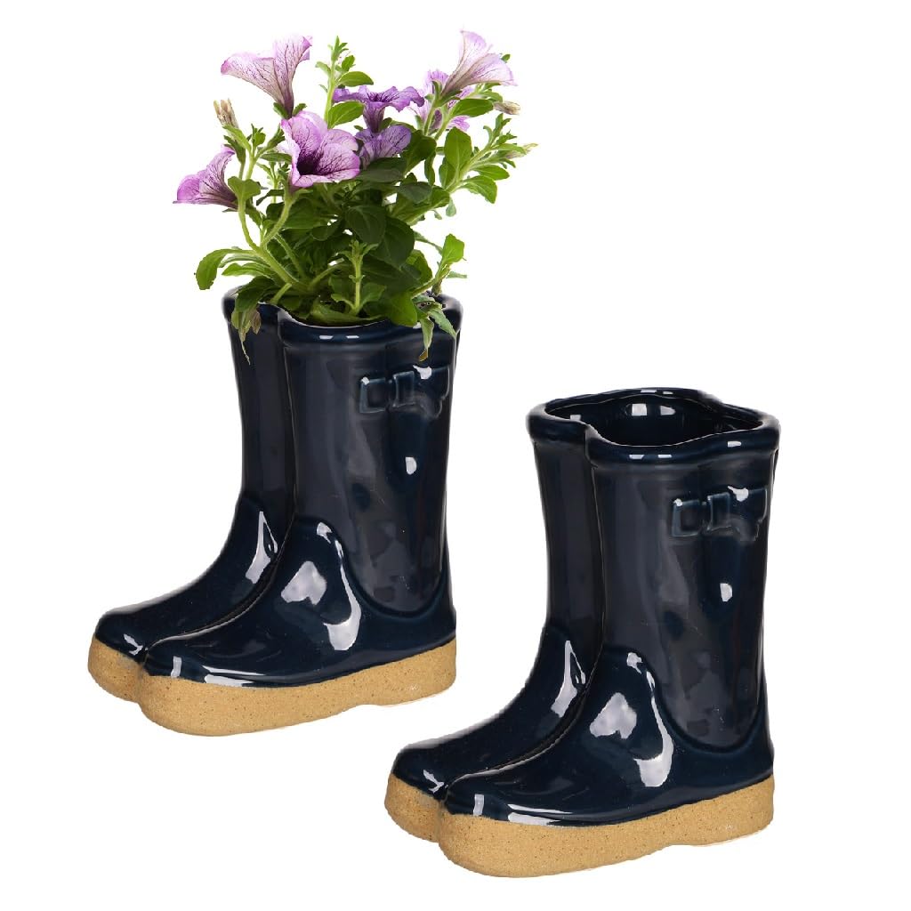Dibor Plant Pots Set of 2 Dark Blue Ceramic Wellington Boot Plant Pot Herb Flower Planters Fathers Day Gardening Gift (CR10)