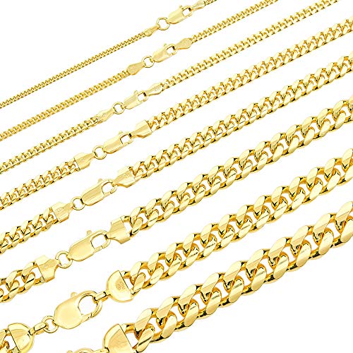 Solid 925 Sterling Silver Miami Cuban Link Chain - 14k Gold Plated - 2-12mm 18-30