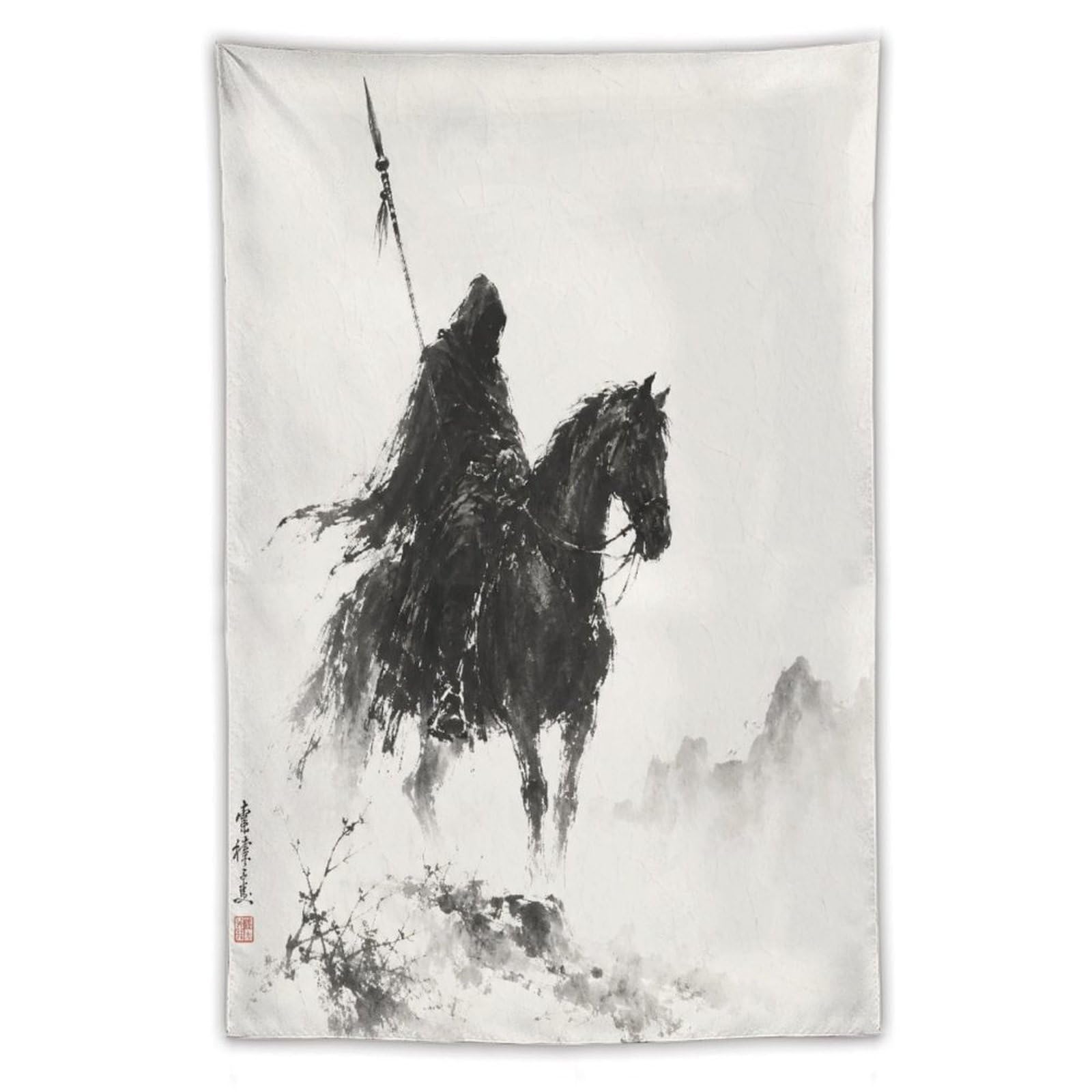 W7C8U2X3 Horseman Ink Silhouette Wall Tapestry, Asian Ink Style, Misty Ride