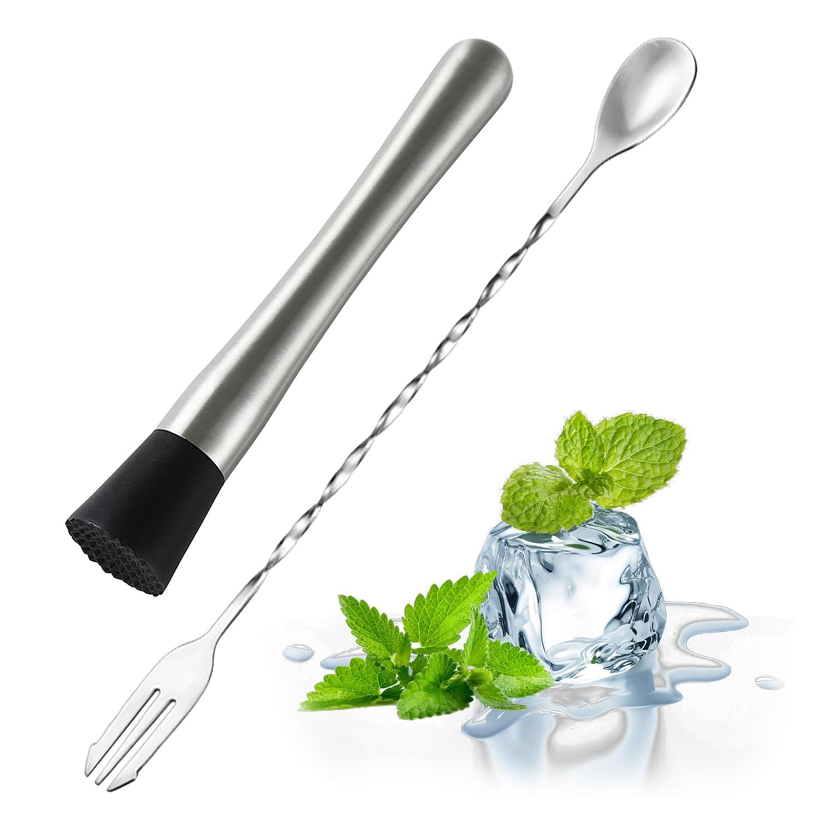 Stainless Steel Cocktail Muddler,2 PCS Stainless Steel Dual-Ended Cocktail Muddler and Spoon Essential Bar Tool Set for Cocktail Making Kit to Create Mojitos Old Fashioned and Fruit-Based Drinks