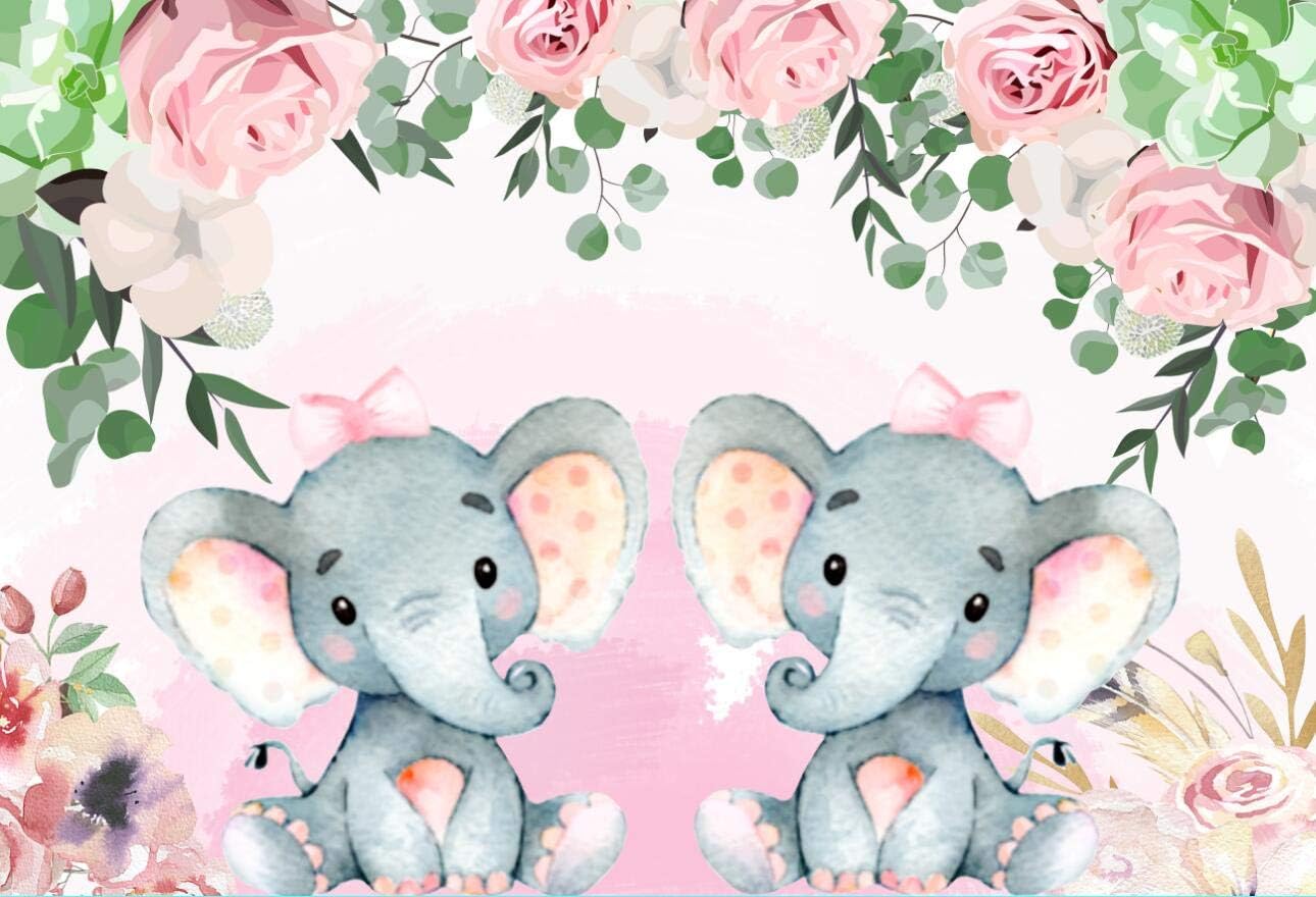 FiVan Baby Shower Background Twins Boy Girl Party Gift Baby Elephant Dessert Table Backdrop Watercolor Blue Floral W-1541-2 (6x5ft(200x150cm), Twins boy)