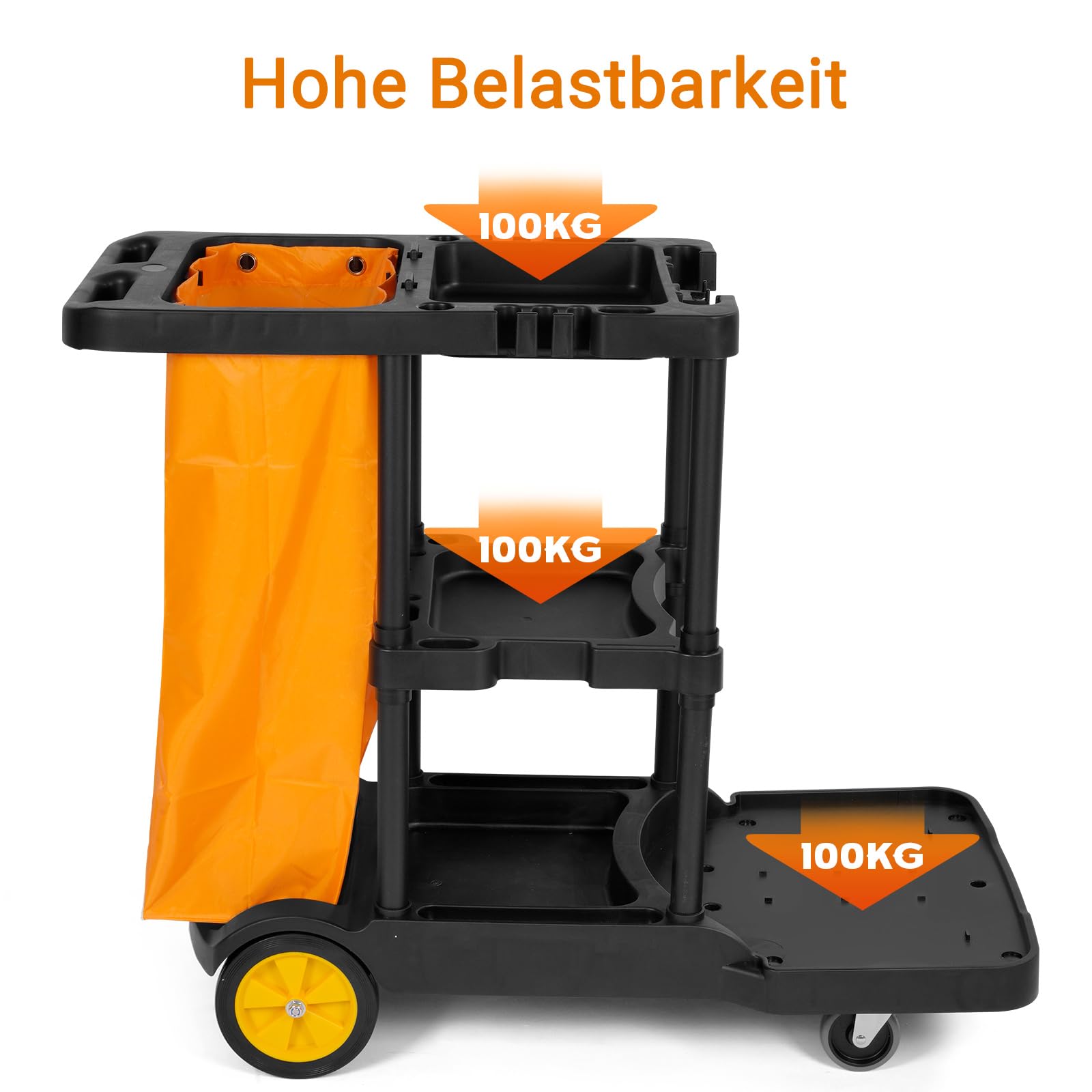 Putzwagen Reinigungswagen Gewerbe 3 Ebenen Profi mit Müllsack und Rollen, Schwarz + Gelb, 113 x 56 x 93 cm