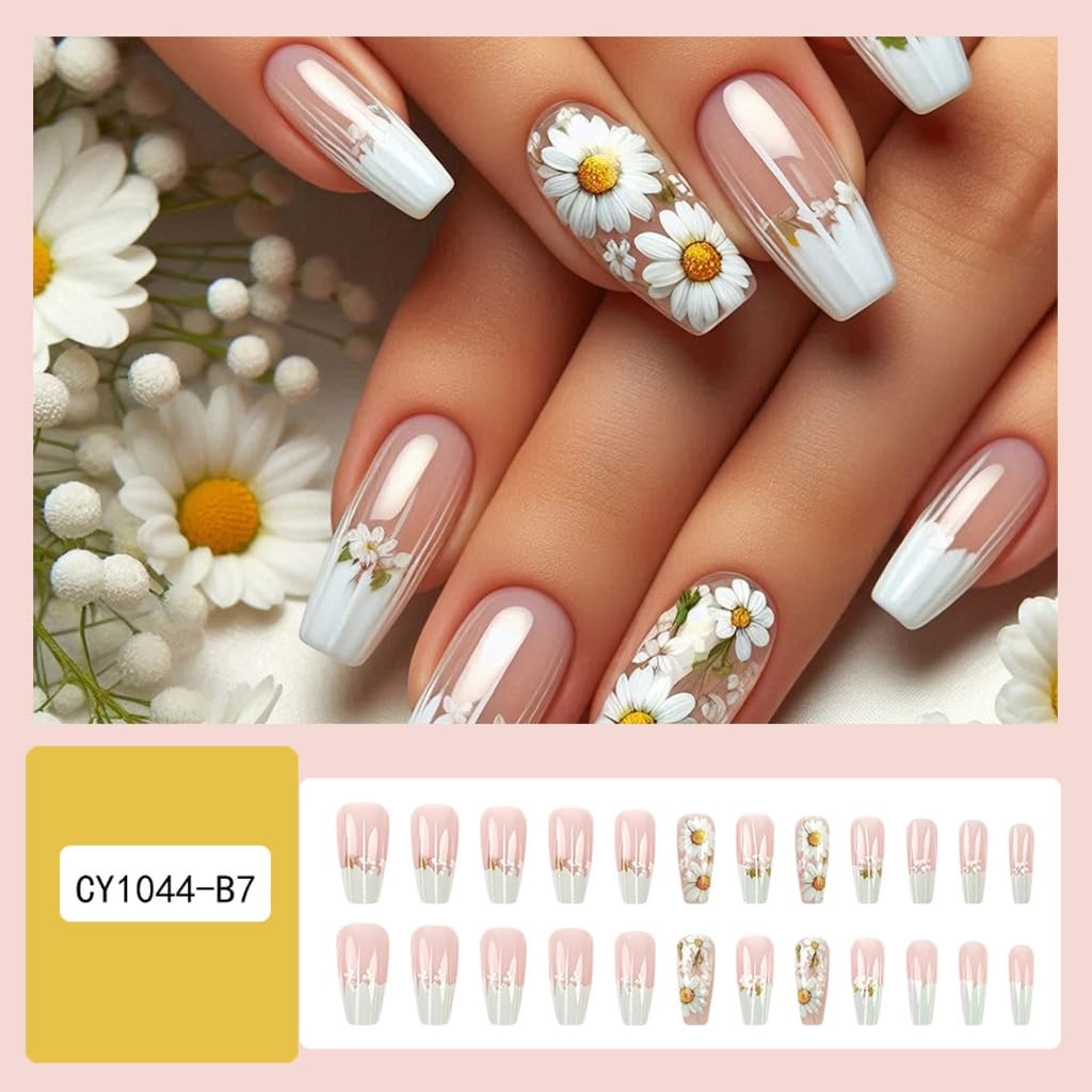 Flower False Nails French Tip Nails Stick ons Floral Acrylic Nails Full Covers Artificial Nails 24Pcs
