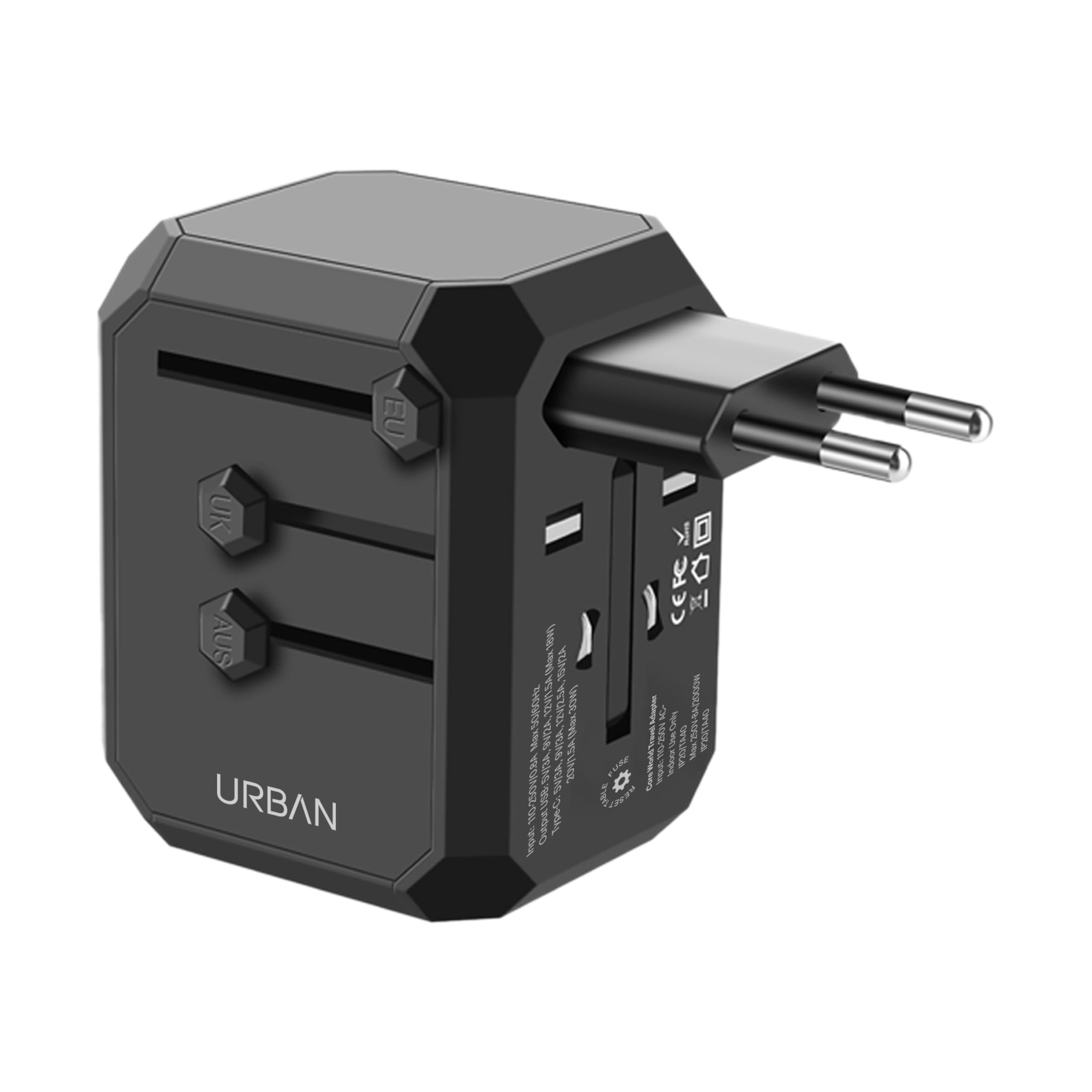 Urban Universal Travel Adapter, 3 USB Ports, Black-image-18