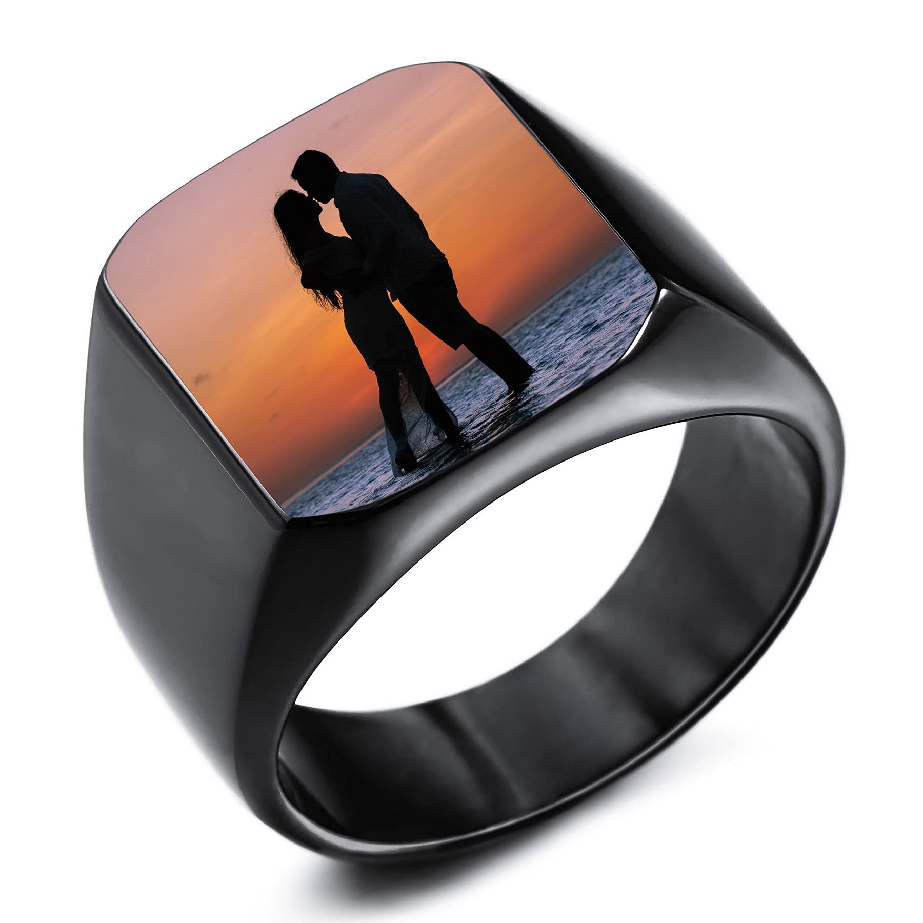 MeMeDIY Chevalière Personnalisée Gravure Image Couleur Noir & Blanc Photo pour Hommes Femmes Garçon Fille Meilleur Ami Bande En Acier Inoxydable Cadeau D'anniversaire avec Ajusteurs de Taille de Bague