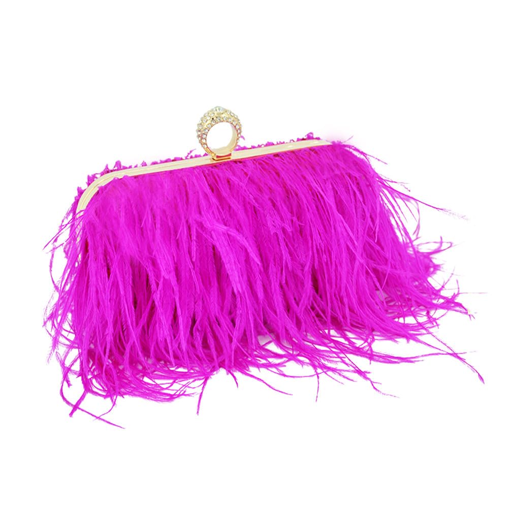 Women Ostrich Feather Purse Ostrich Tote Bag Fluffy Feather Purse Fringe Clutch Evening Handbag for Party Prom Rose Red