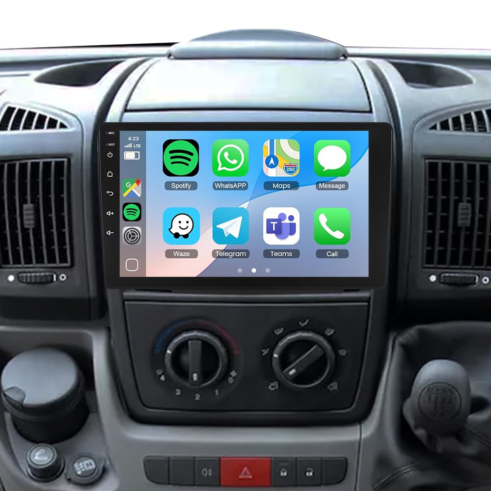 Autoradio Android 15 pour 1-DIN Fiat Ducato, Citroën Jumper, Relay Peugeot Boxer, 4 + 64 Go, écran Tactile 9 Pouces, CarPlay sans Fil, Android Auto, Bluetooth 5.4, Wi-FI 6, DSP, Navigation