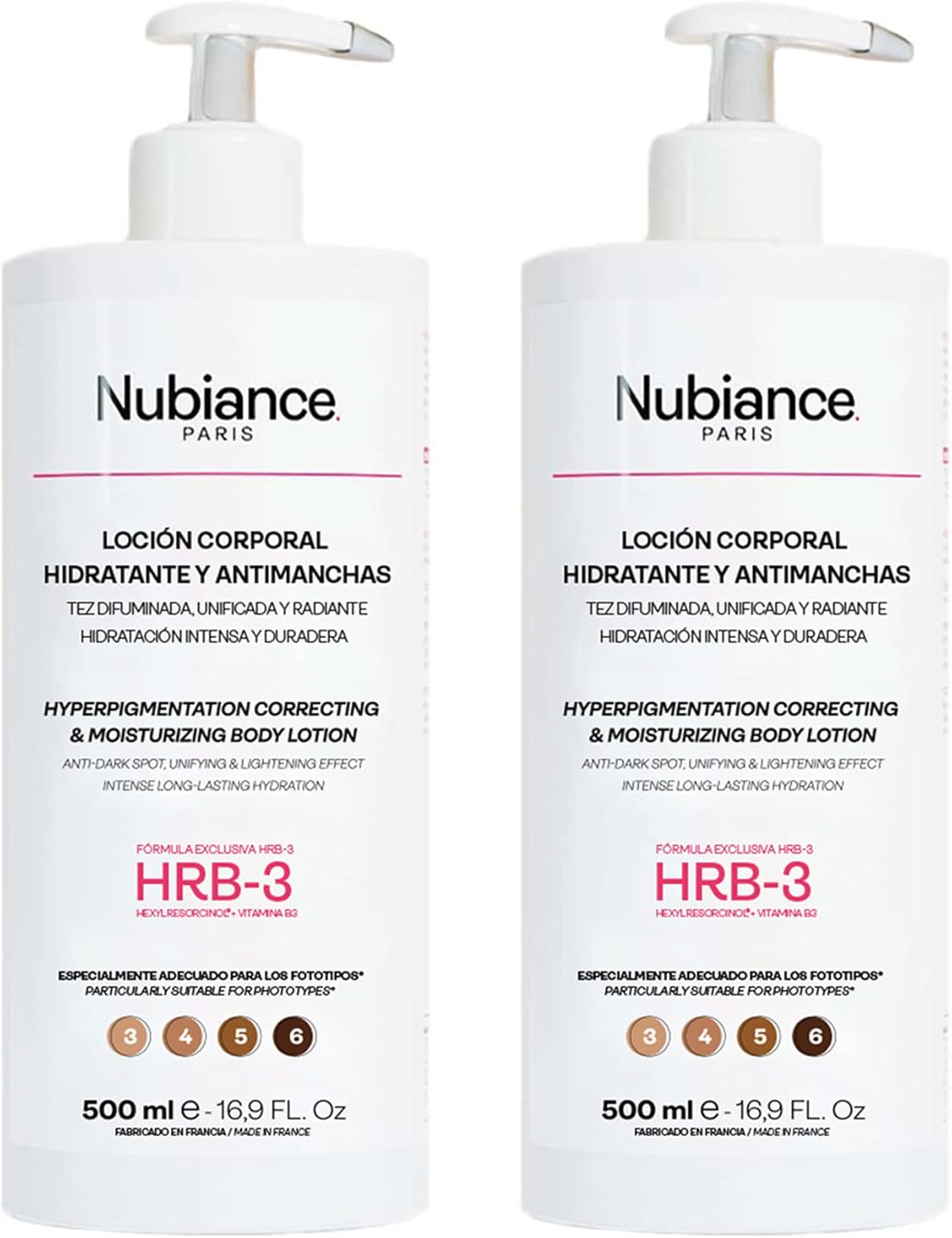 NUBIANCE - Loción Corporal Hidratante HRB-3, Pack 2x500ml - Para problemas de hiperpigmentación de diversos orígenes - Piel menos áspera - Más hidratación y flexibilidad - Crema aclaradora