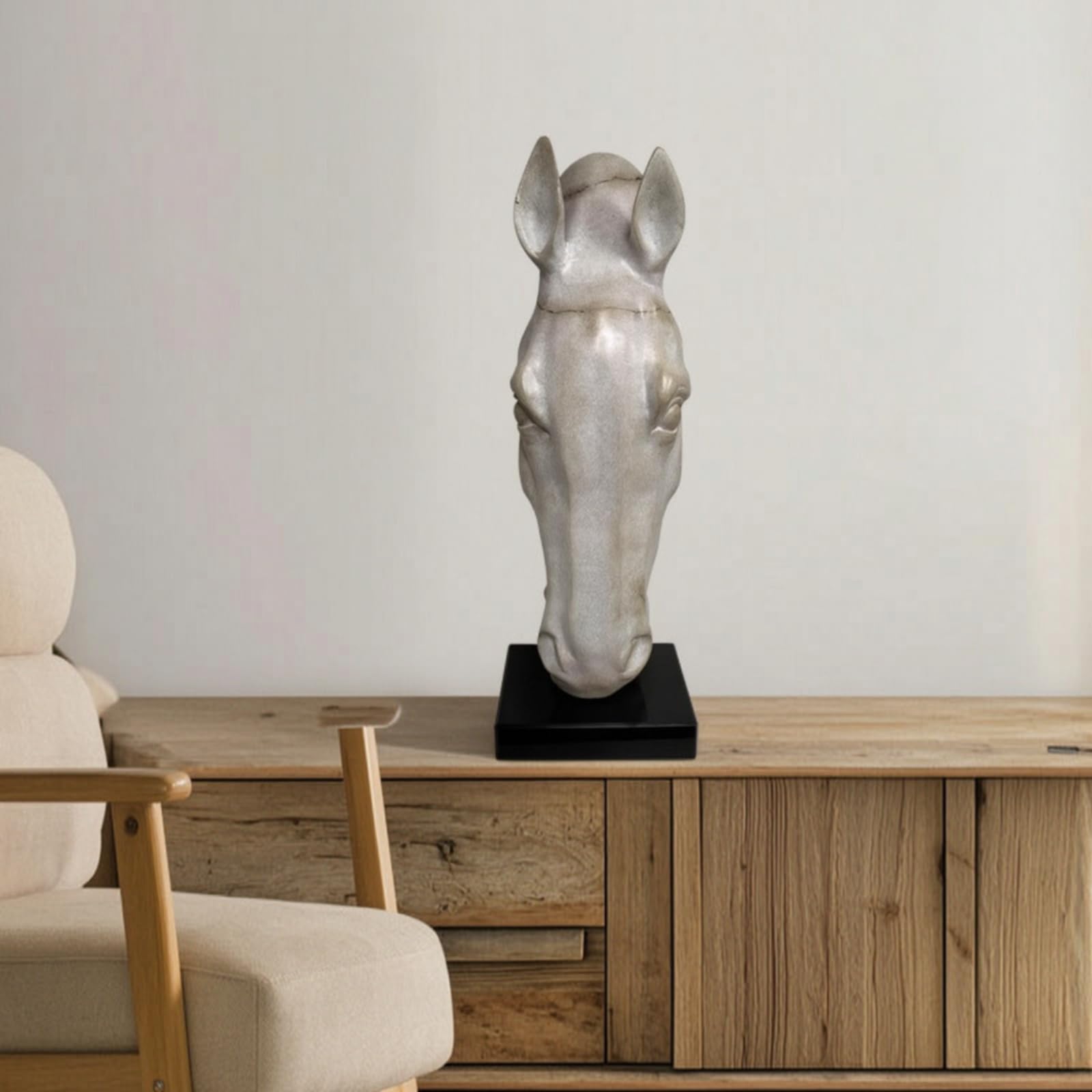 Escultura de Caballo Figura Busto Adorno Estatua con Acabado Jade Sintético en Resina y Base Negra Robusta Adecuada para Consola de Entrada Mueble de, Blanco, Cabeza De Caballo