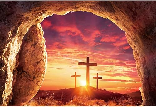 Miniatura 5 de Fondo de fotografía de tumba vacía de 6 x 4 pies, puesta de sol con luz sagrada, tres cruces en la montaña, Jesucristo, agujero de piedra, telón de