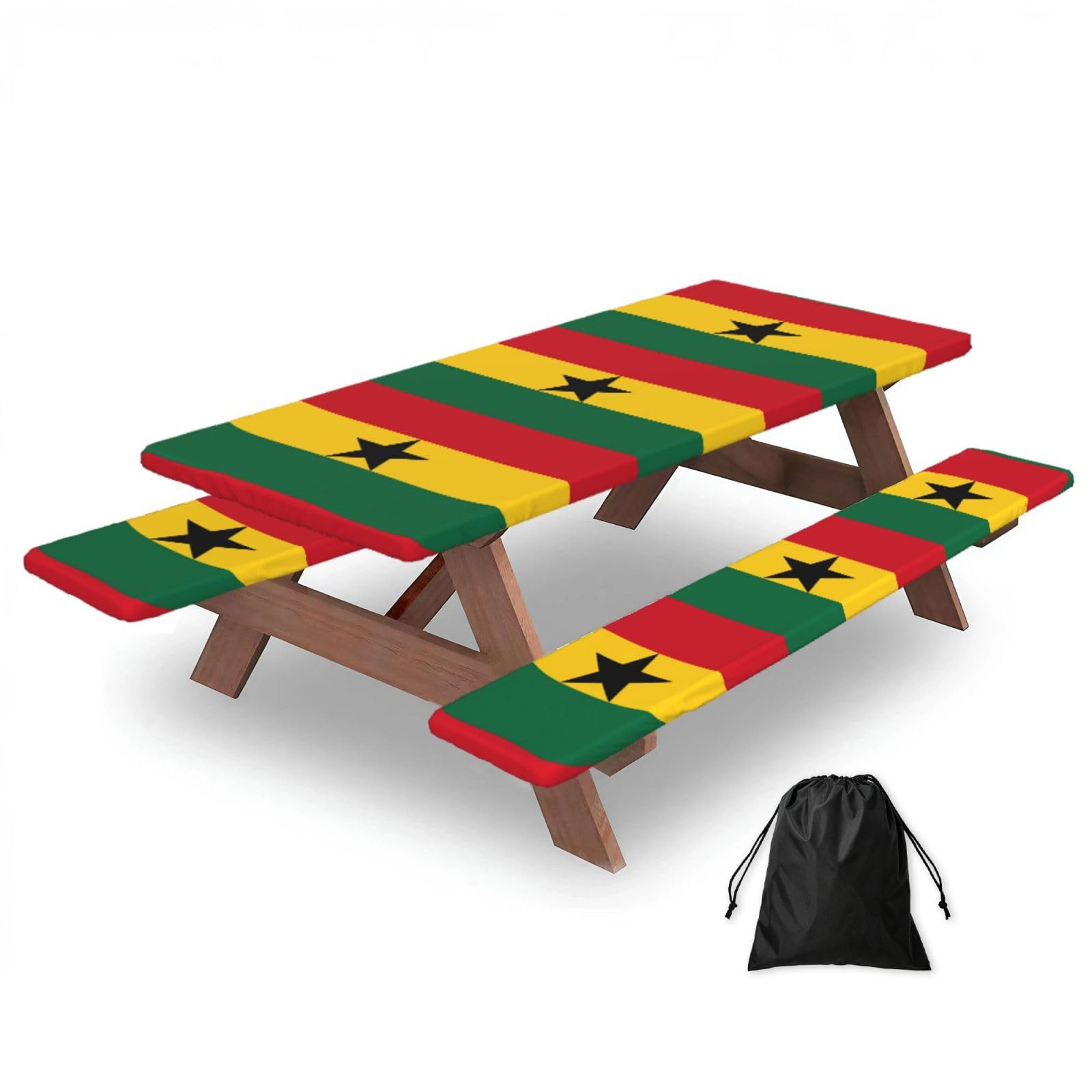 Erwqavc Black Flag Of Ghana Print Picnic Table Cover & Bench Covers 3-Pack Set, Elastic Tablecloths For 6 Ft Rectangle Tables