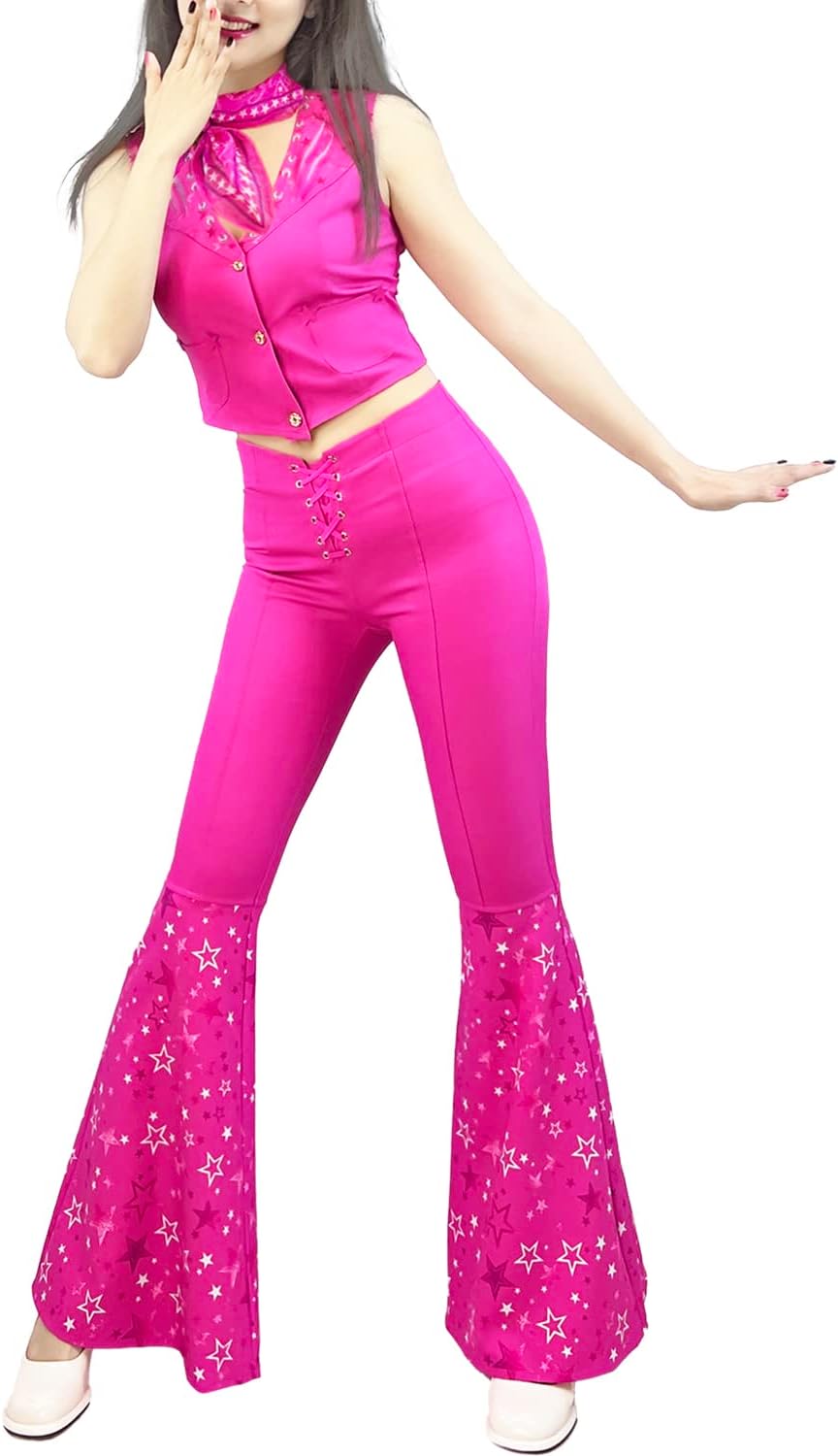 Naywig Cowgirl Outfit 70s 80s Hippie Disco Costume Pink Flare Pant Halloween Cosplay For Women Girls