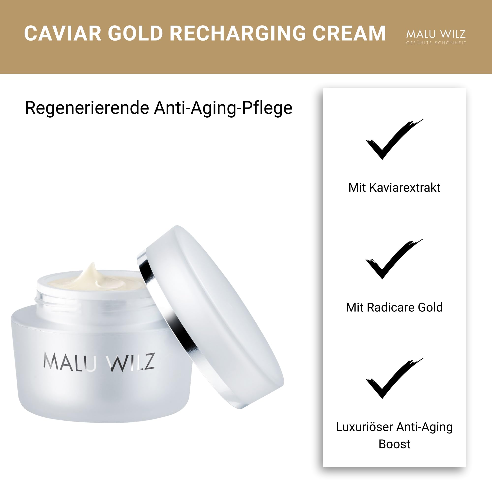 Malu Wilz Caviar Gold Recharging Cream 50ml I Gesichtscreme Damen I Pflegende, feuchtigkeitsspendende Anti Falten Creme I Verlangsamt die Hautalterung