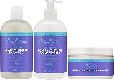 Shea Moisture Shampoo (13 Oz) + Conditioner (13 Oz) + Pre-Wash Masque (4 Oz) Dry Scalp Shampoo and Conditioner 3pc Bundle with Aloe Butter & Vitamin B3, Shea Butter Shampoo and Conditioner with Masque