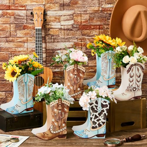 Image of 12 Set Western Boots Flower Boxes Centerpiece Boot Shape Gift Boxes Party Decoration Vase Centerpieces for Tables Boots Rodeo Birthday Baby Shower Supplies(Western Blue,Cow)