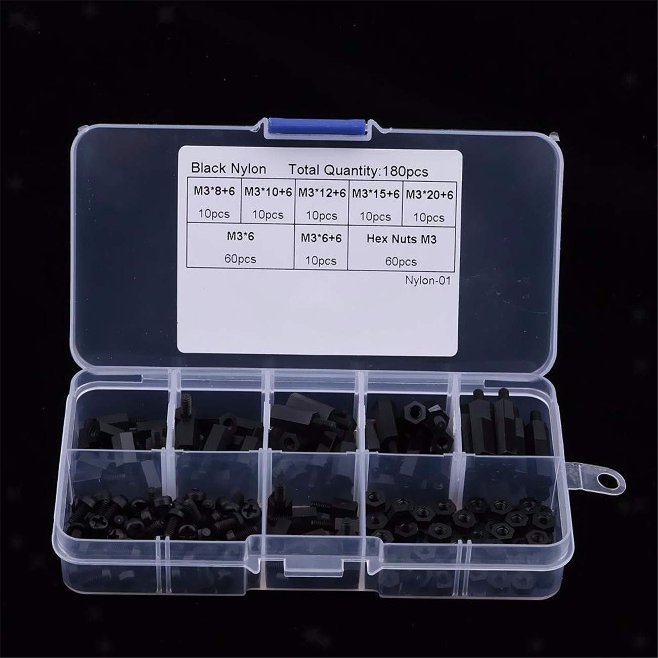 Kit Assortimento Distanziali Esagonali M3 Nylon Nero 180 Pezzi Con Dadi E Viti