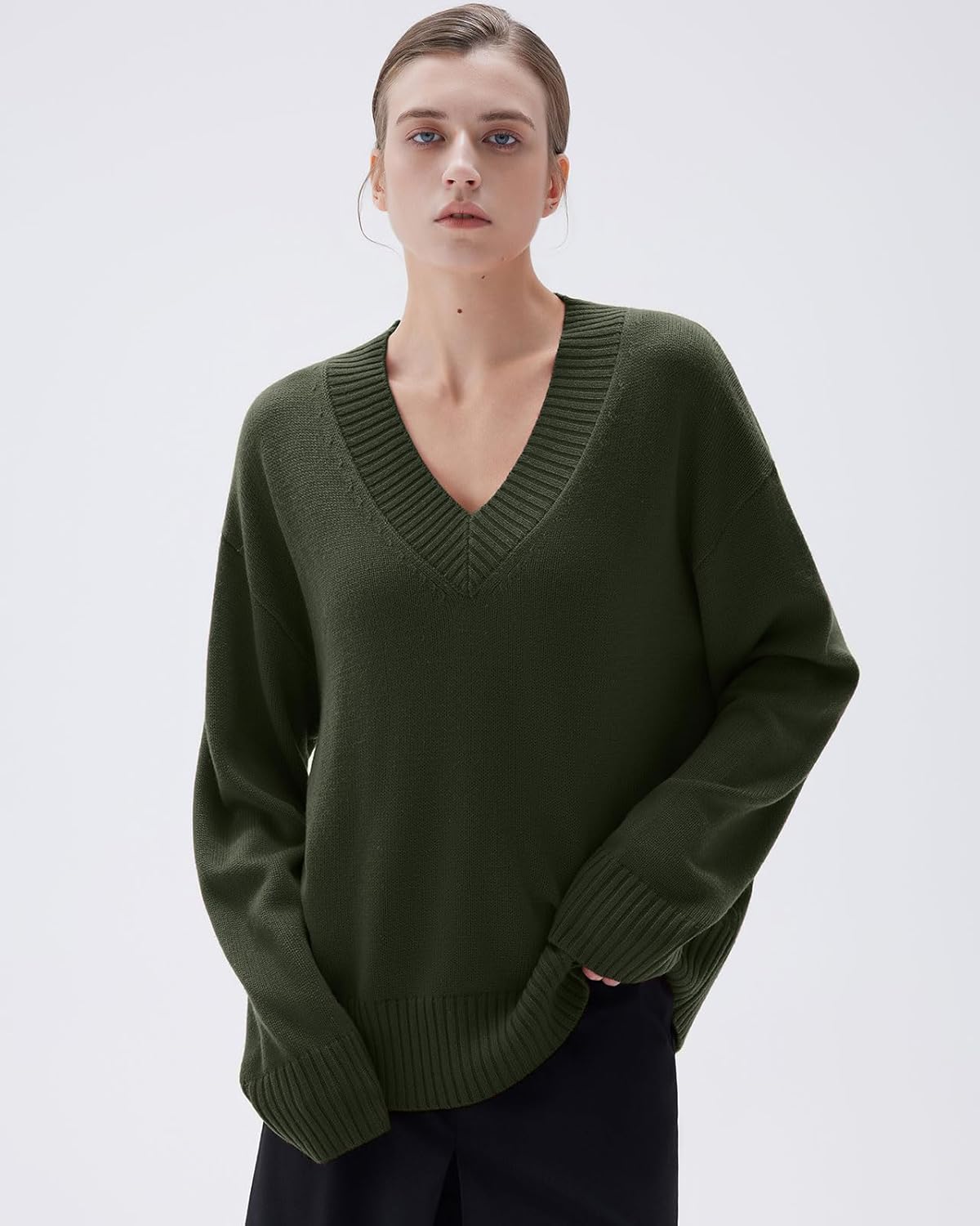 SUUKSESS Women Cashmere Blend Oversized V Neck Long Sleeve Pullover Sweaters - Image 4