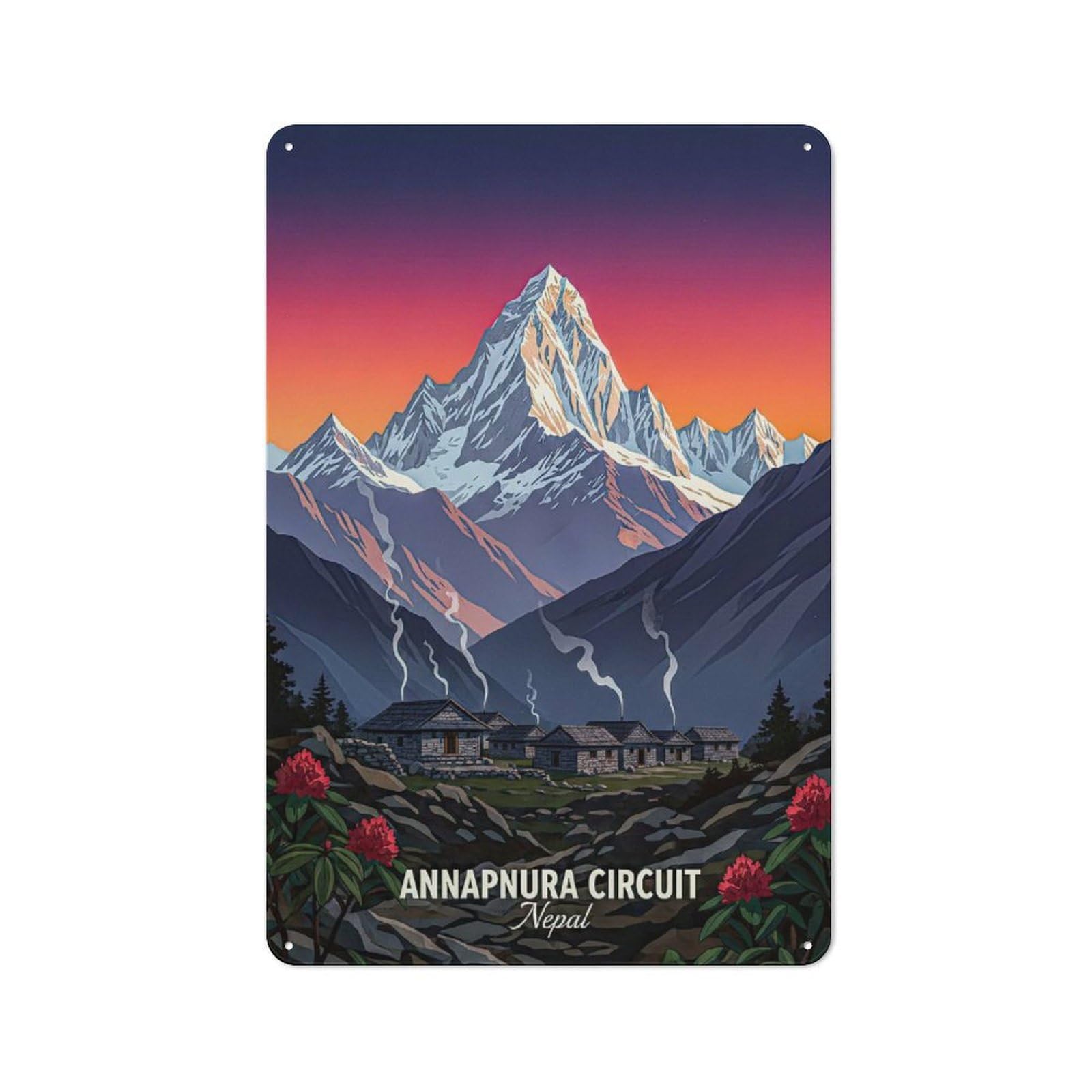 Junmoney Style-18 Modern Retro Decorative Metal Plaque 30X20cm Featuring Annapurna Circuit Nepal Mountain Village, Loft Wall Plaque For Flat, Bar, Studio Or Gallery Wall