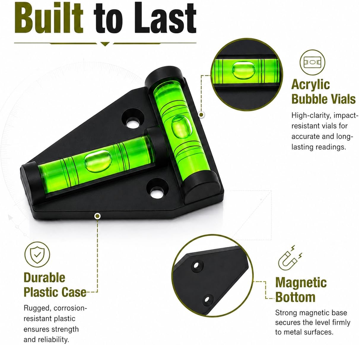 10 Pack Magnetic RV T Level Bubble Levels | Magnetic and screw-mount RV bubble levels for quick 2-way leveling on campers, trailers, motorhomes, tripods, and tools.
