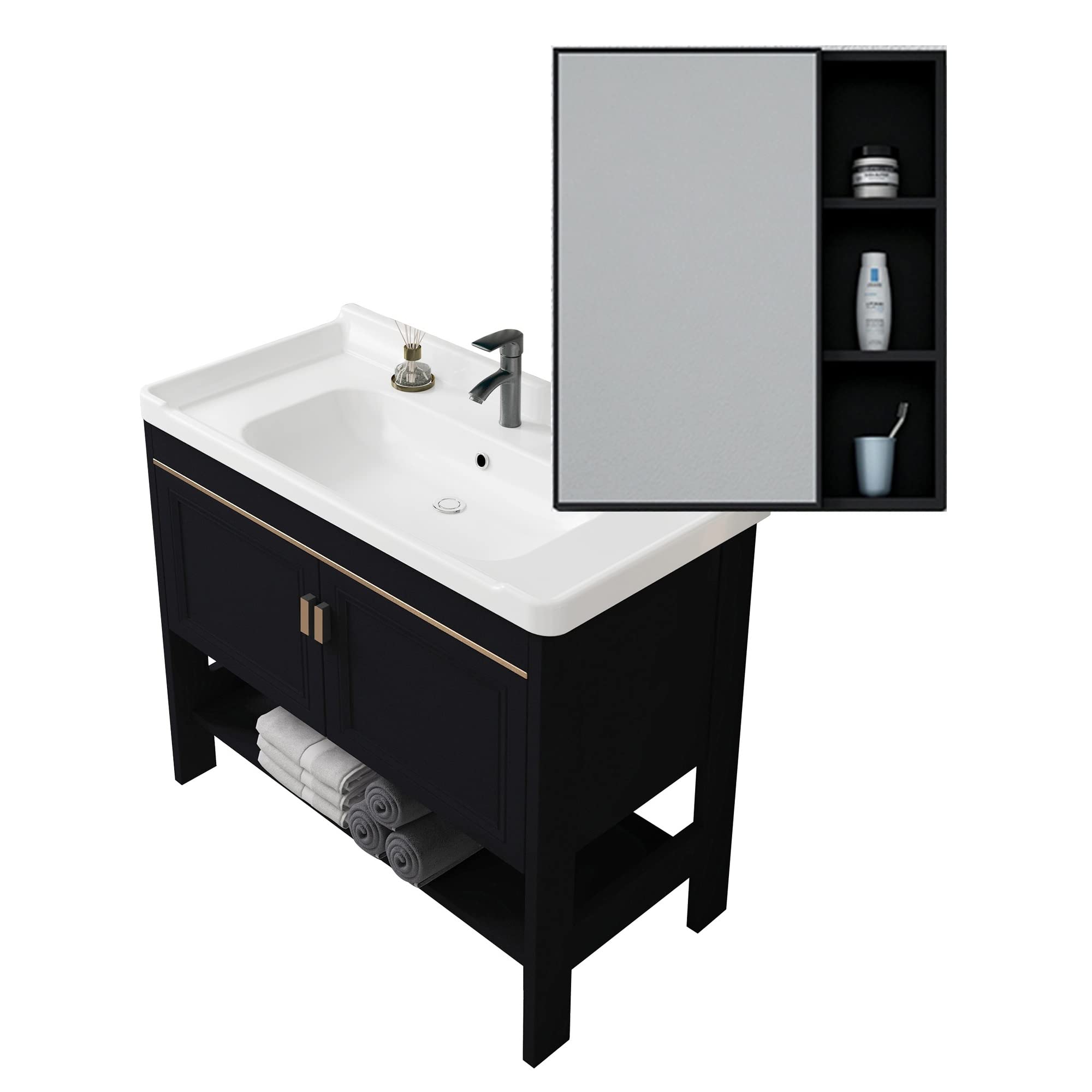 Lavandino 1 vasca Lavello da Cucina Lavabo da bagno nero con lavabo per lavabo per lavanderia, rubinetto per lavabo in ceramica, per il miglioramento della casa e commerciale (Color : Sink+Mirror C,
