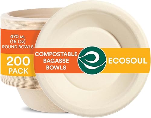 ECO SOUL Cuencos de sopa 100% compostables de 24 onzas (paquete de 200) cuencos desechables resistentes I Tazón de papel resistente I Ensaladera