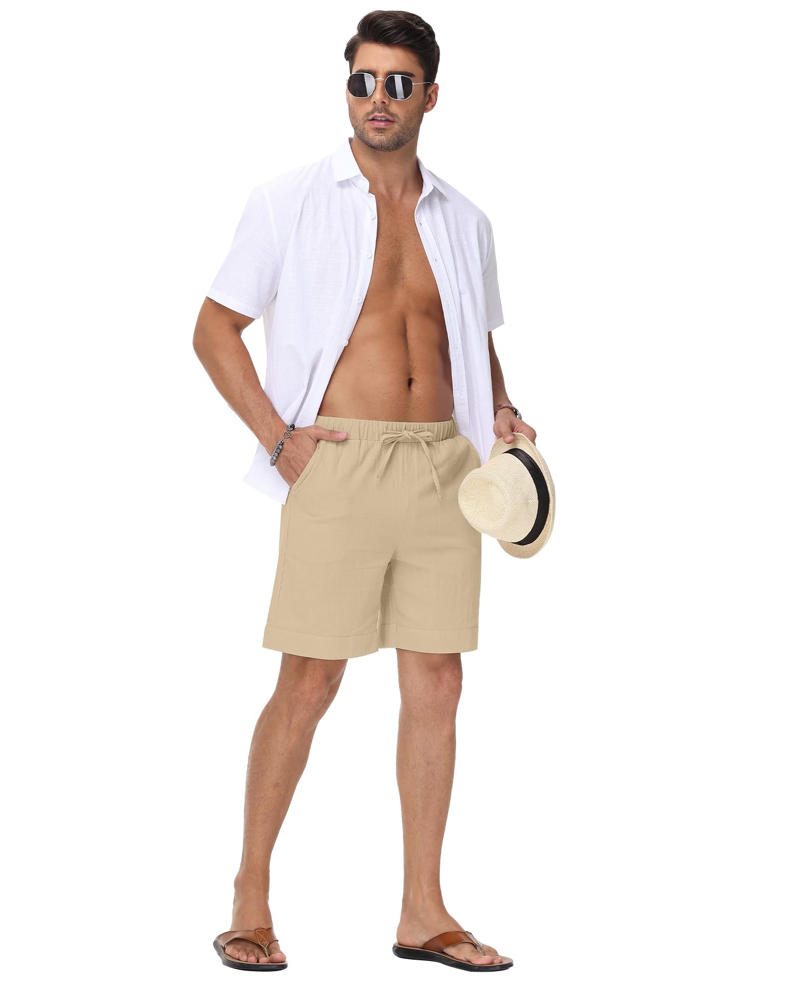 Pantalones Cortos de Lino para Hombre Cintura Elástica Bolsillos Verano