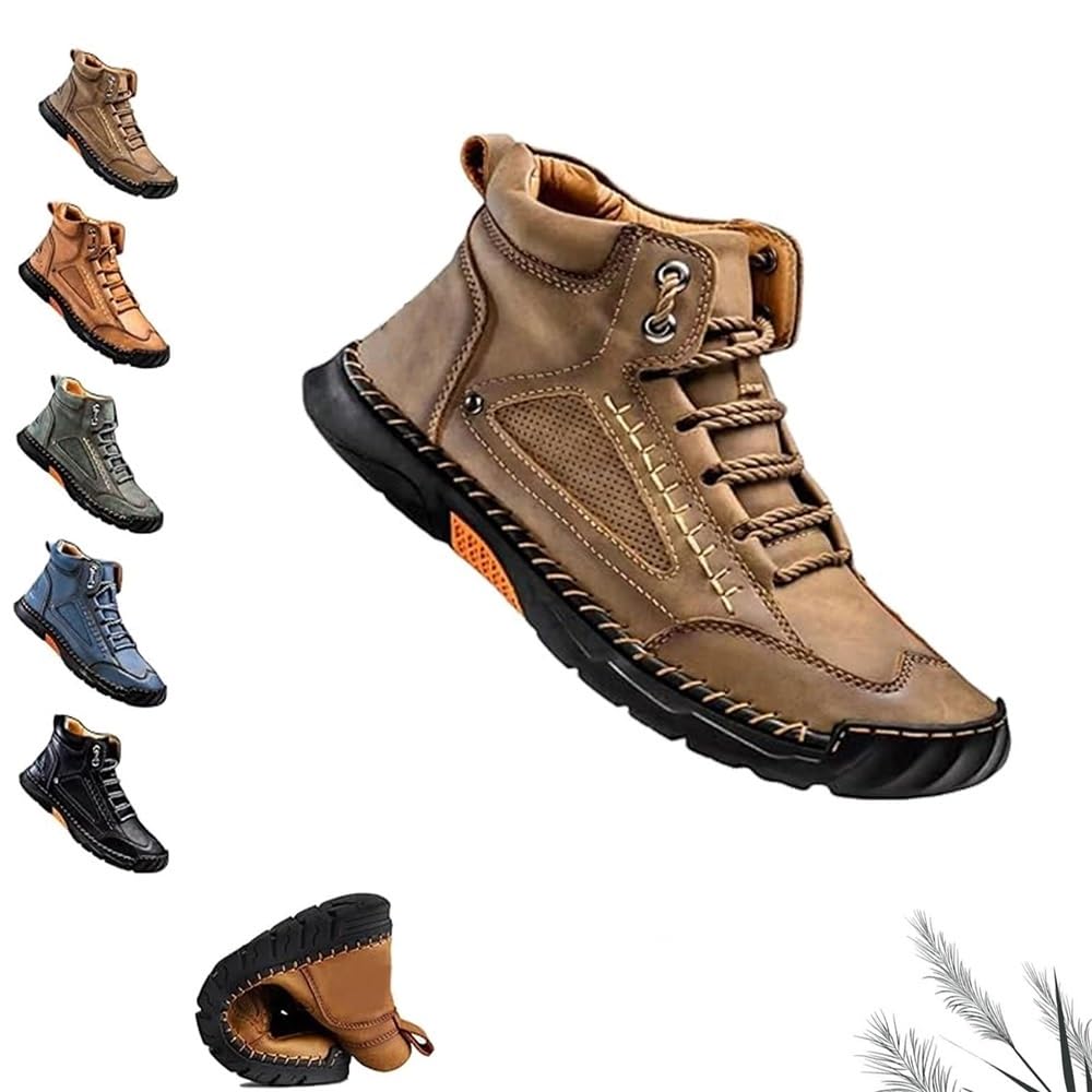 Sawbehind Men's Comfortable Handmade Leather Boots, Men's Casual Leather Handmade Non-Slip Arch Support Shoes(Khaki,45 EU)