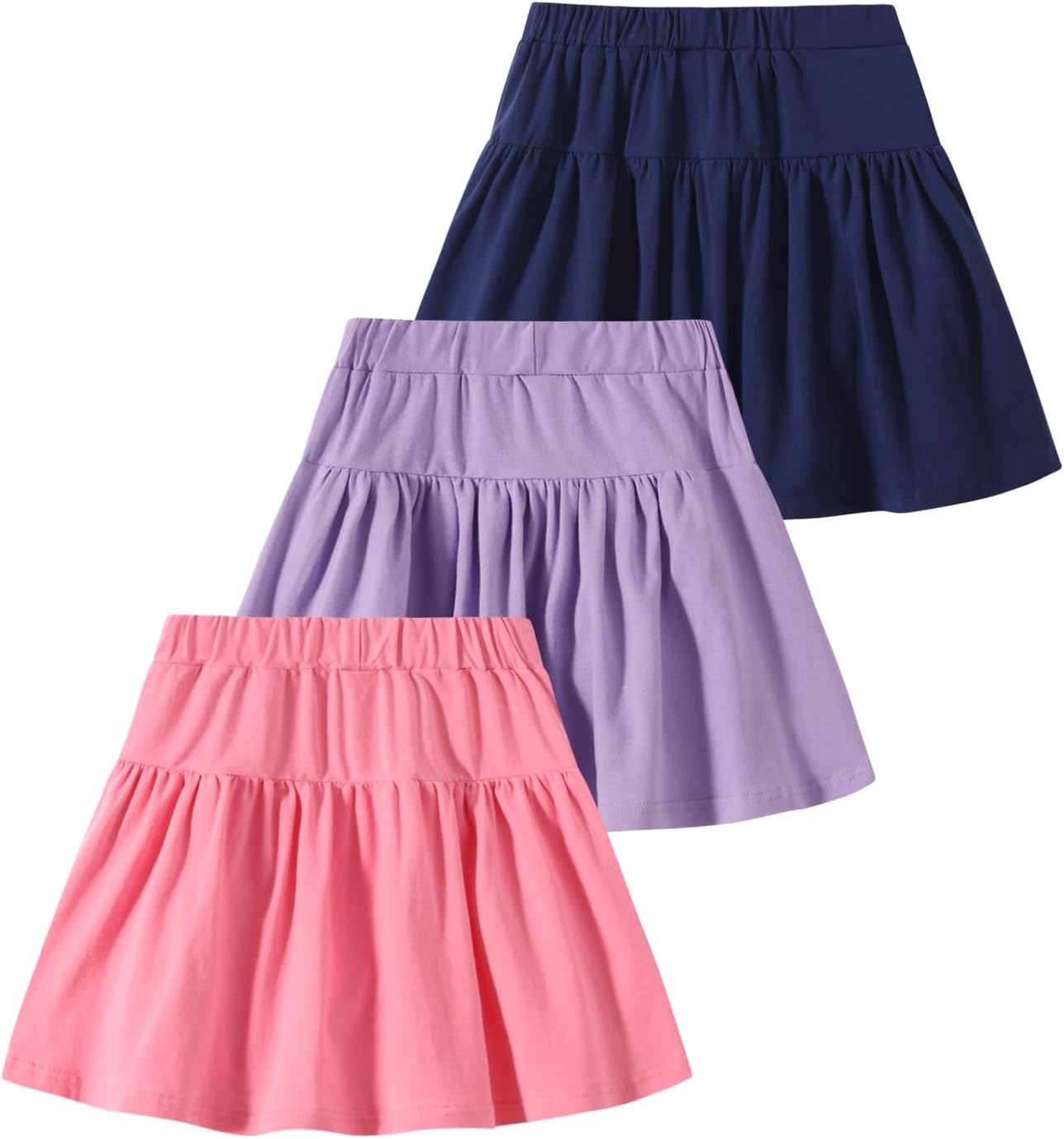 2 Pack Girls Skirts Elastic Flared Plain Tennis Skater Skirts with Built-in Shorts Kids Active Flowy Skorts