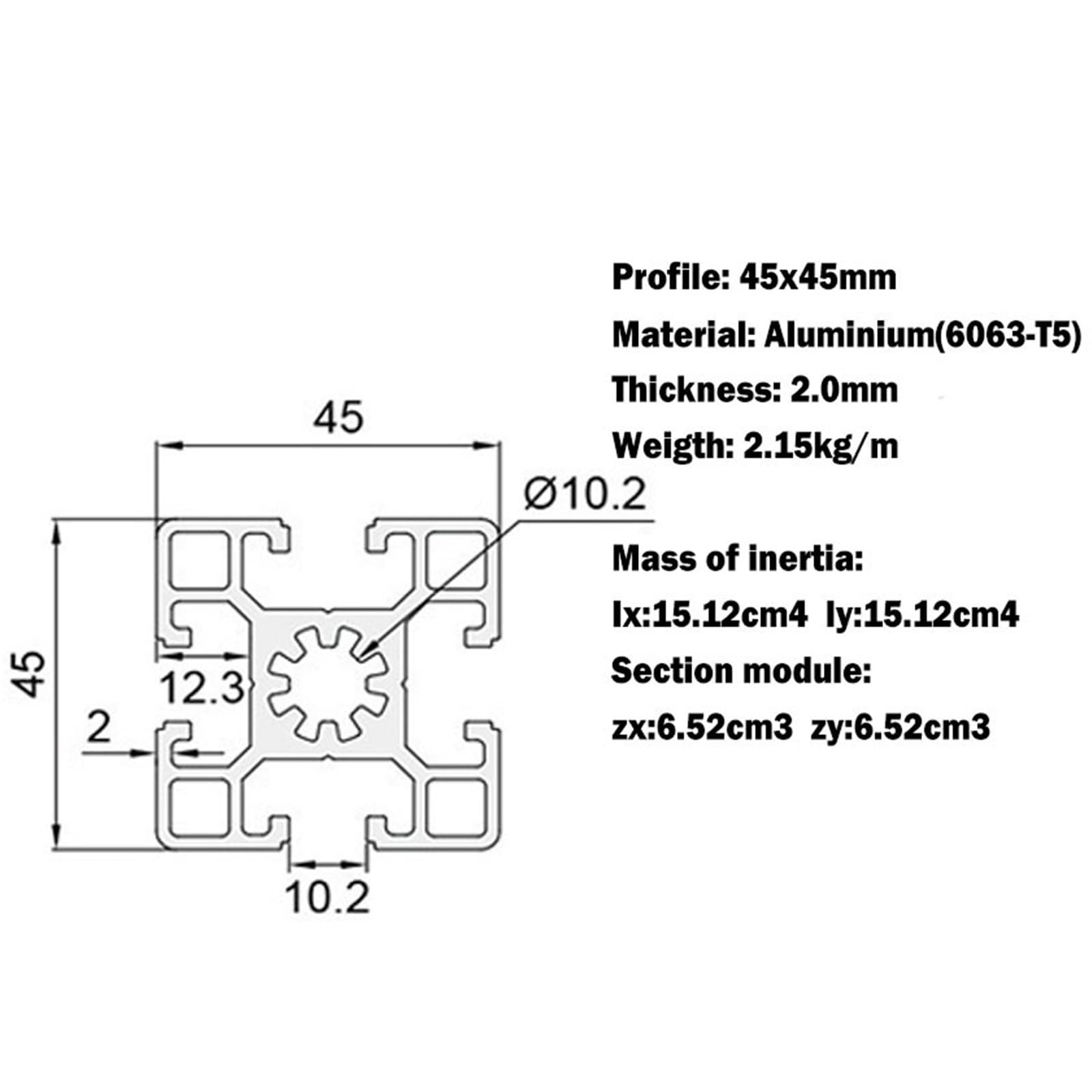 GTPBAO Perfil de aluminio 4545 de 1 metro, tubo cuadrado de 45 x 45 mm, extrusión lineal estándar europea for estructura de equipos. Carril extruido